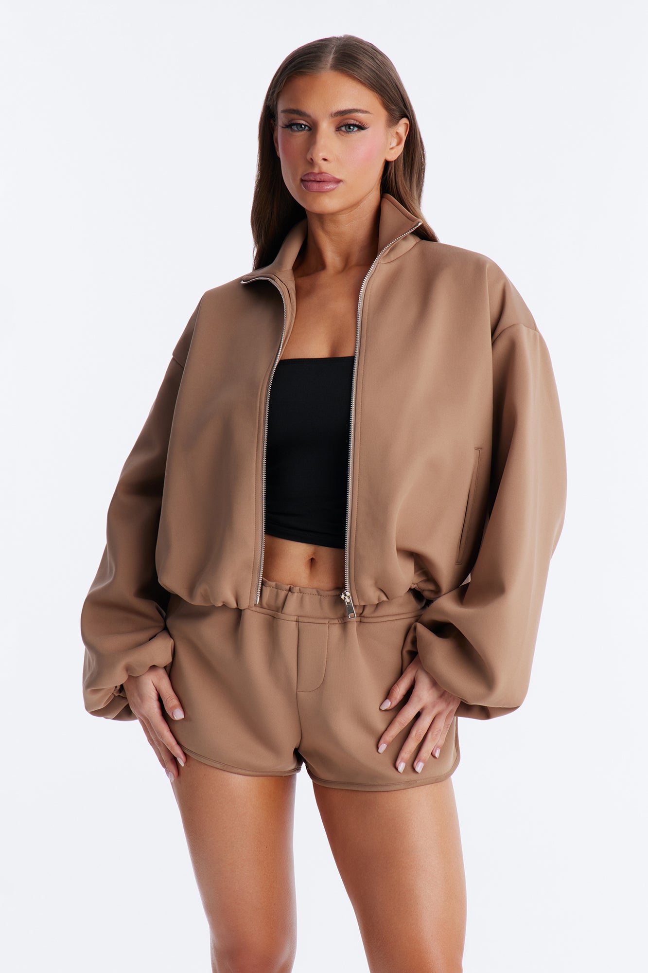 Nayeli Scuba Bubble Hem Bomber Jacket - Khaki