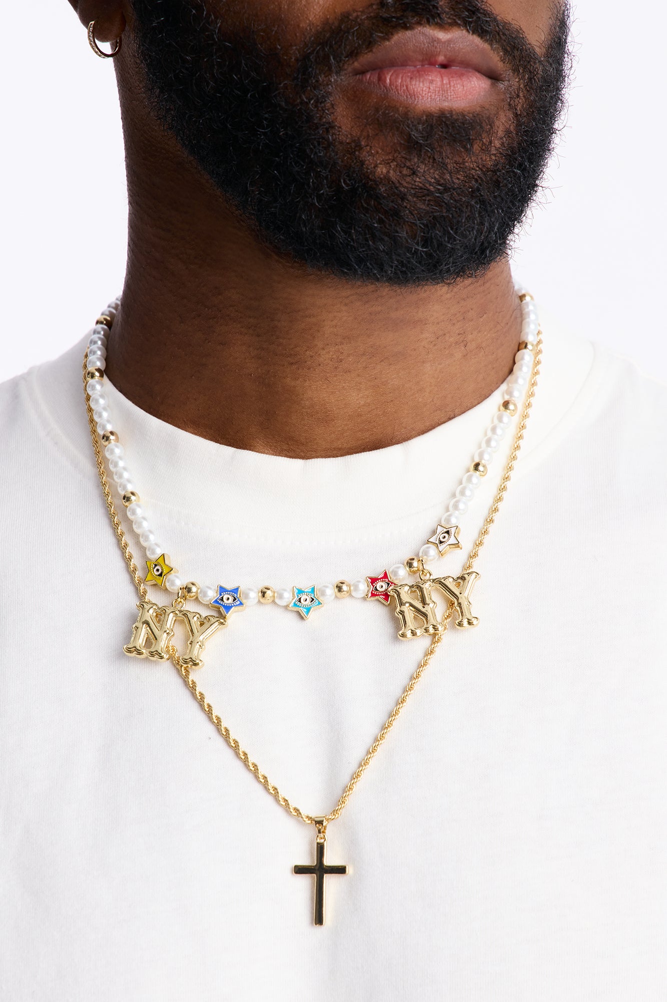 NY Pearl Charm And Layered Cross Pendant Necklace Set - Gold