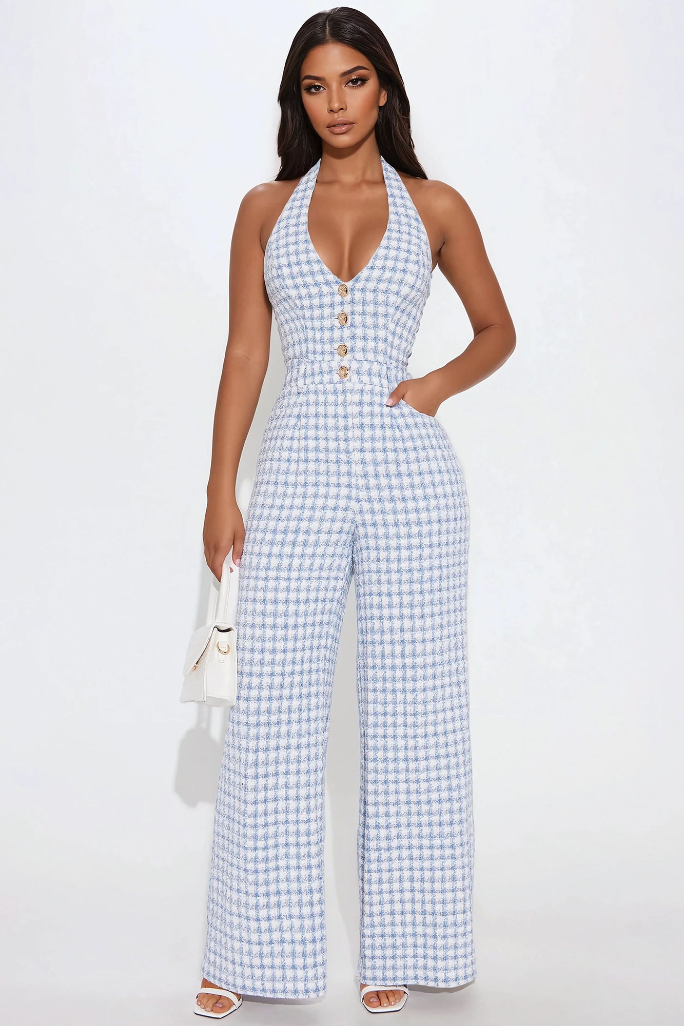 Brunch Gal Tweed Jumpsuit - Light Blue