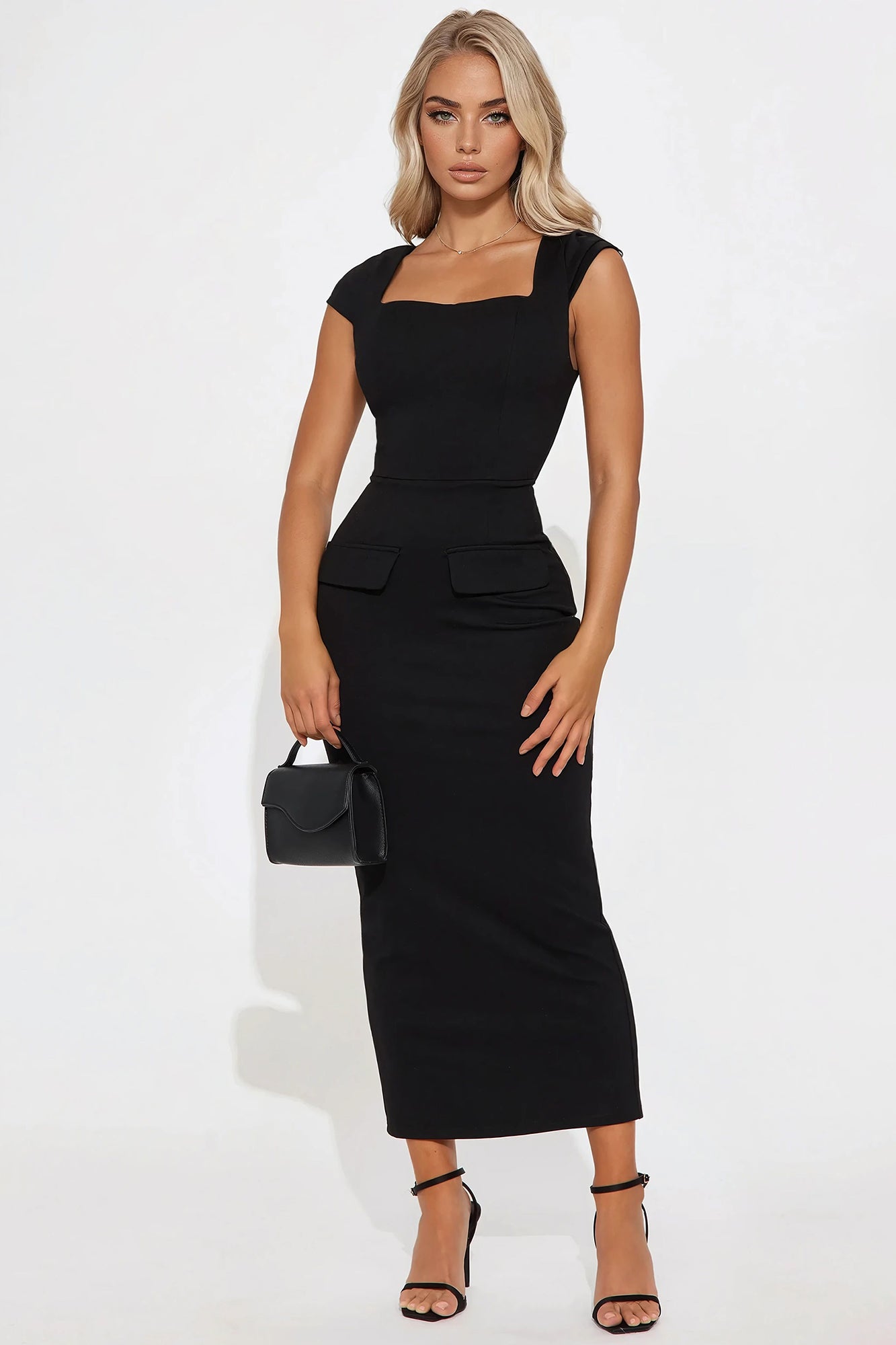 Mia Square Neck Body Sculpting Midi Dress - Black