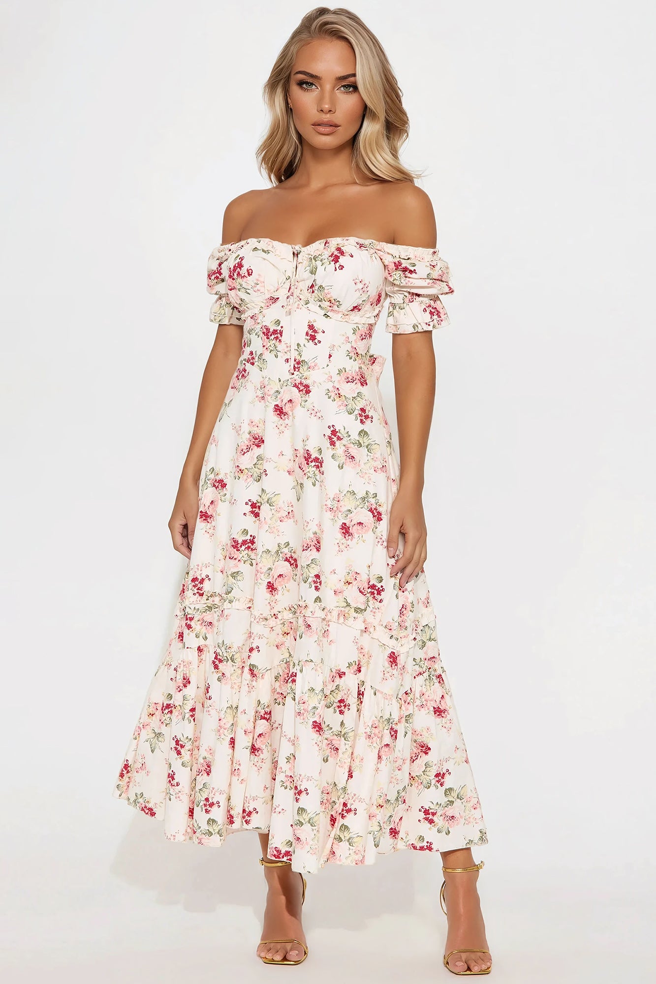 Ellsie Off Shoulder Floral Midi Dress - Pink/combo