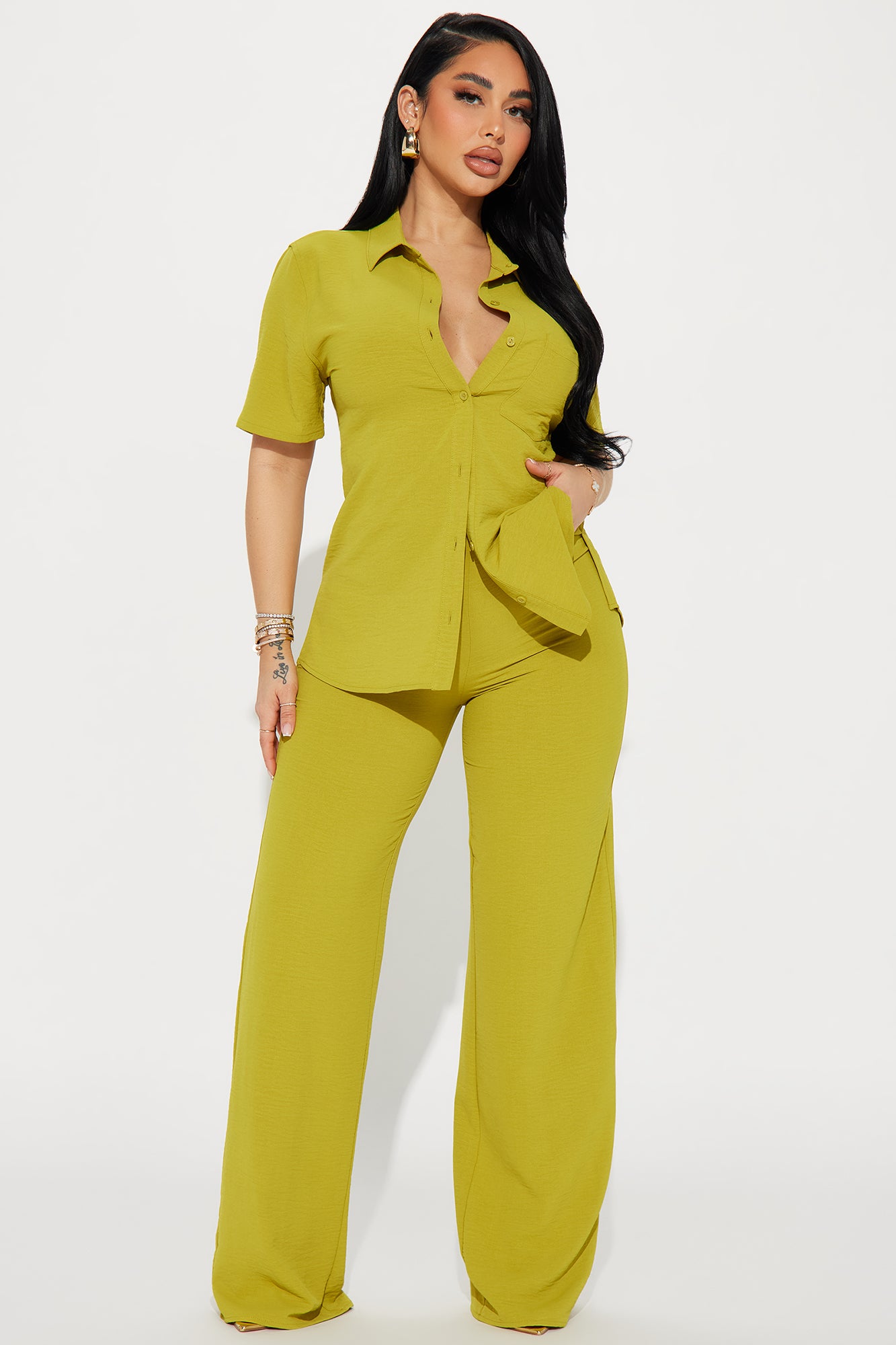 Makenzie Short Sleeve Pant Set - Chartreuse