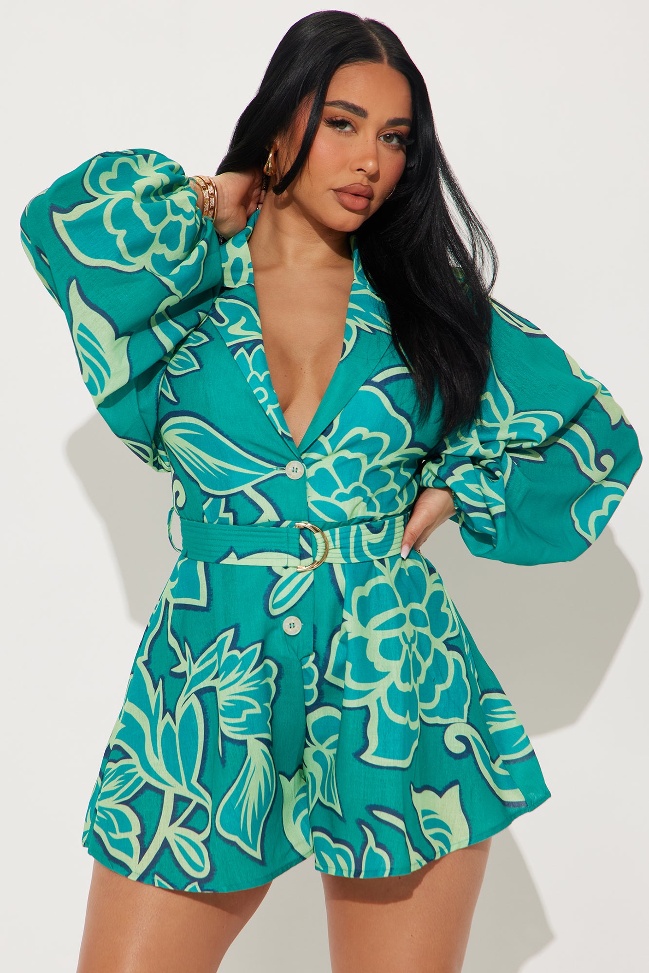 Far Away Belted Romper - Green/combo