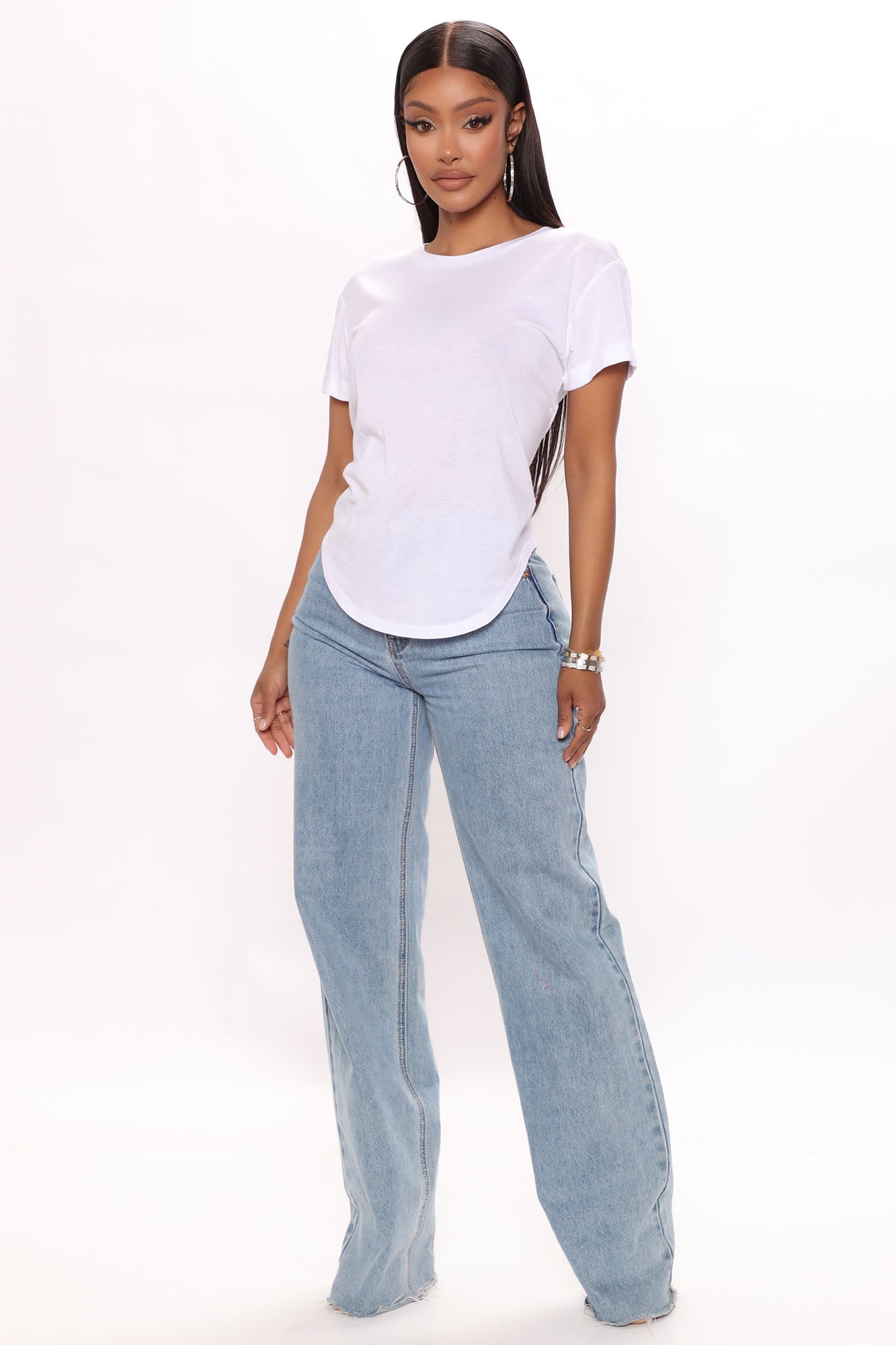 Annie Cuffed Short Sleeve Top - White