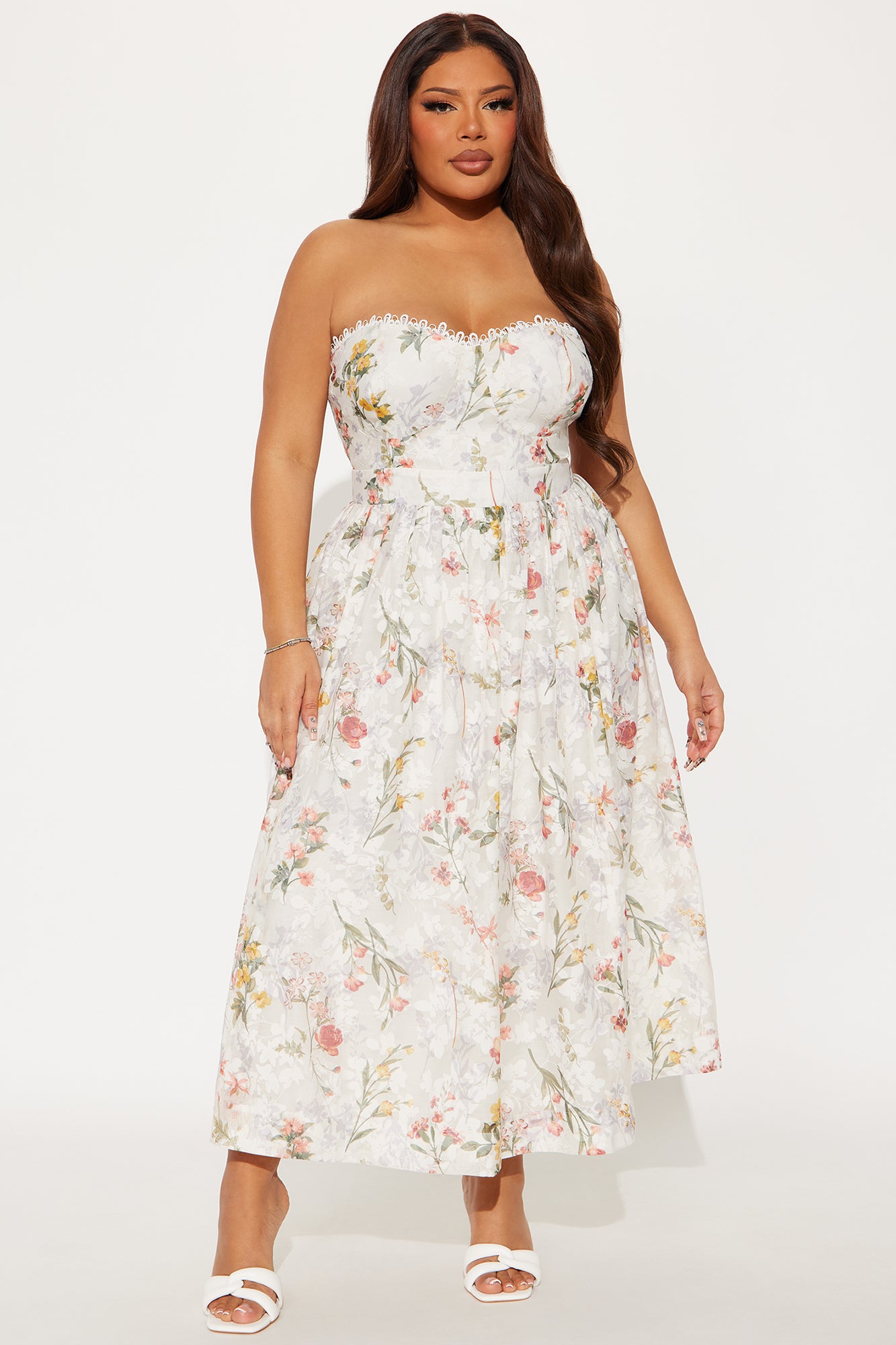Ophelia Strapless Floral Midi Dress - Taupe/combo