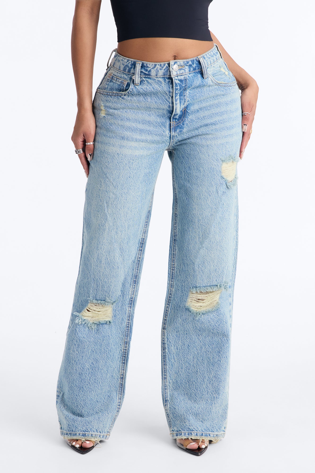 Smart Move Ripped Straight Leg Jeans - Medium Wash