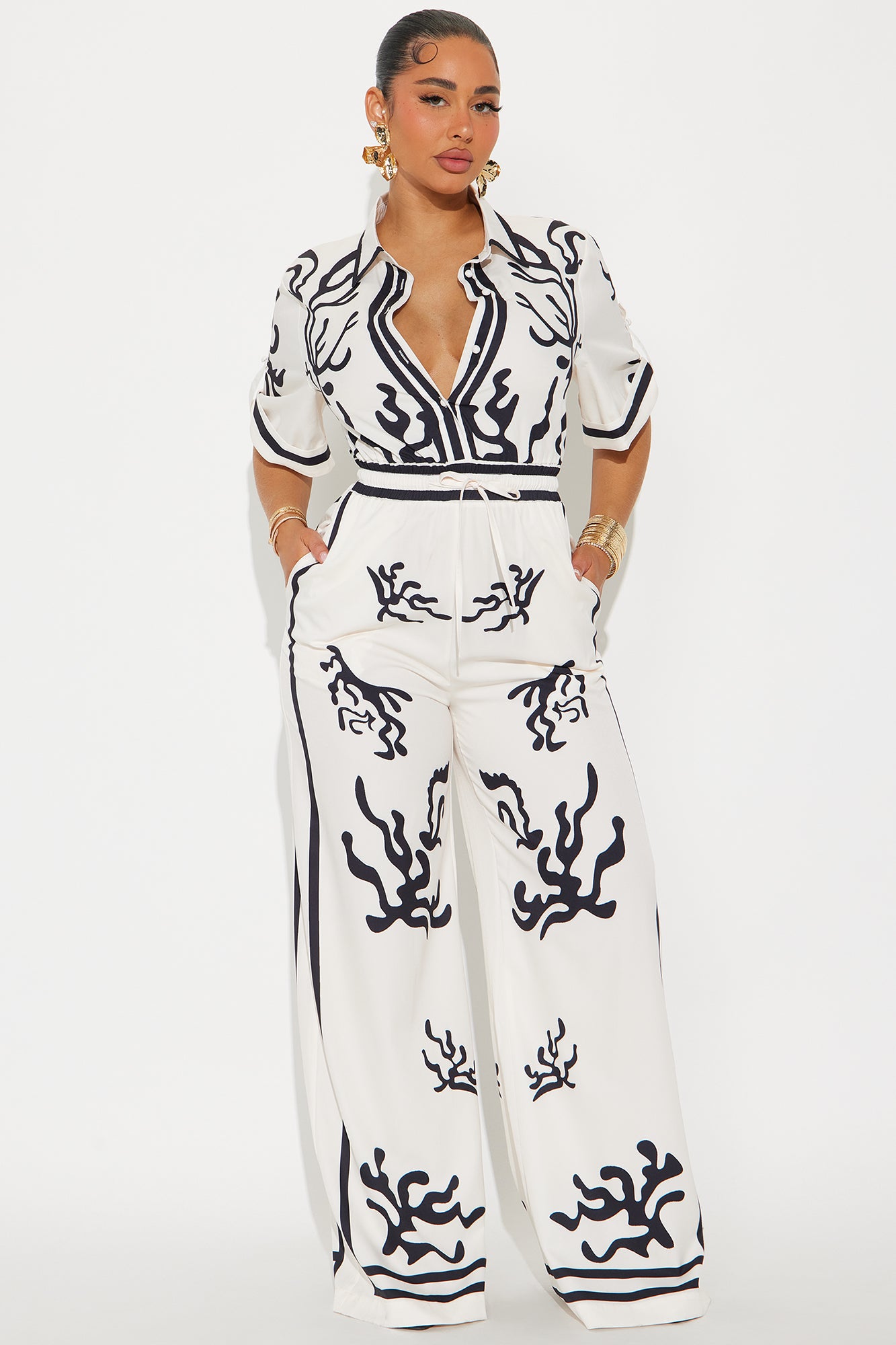 Picture This Wide Leg Satin Jumpsuit - White/combo