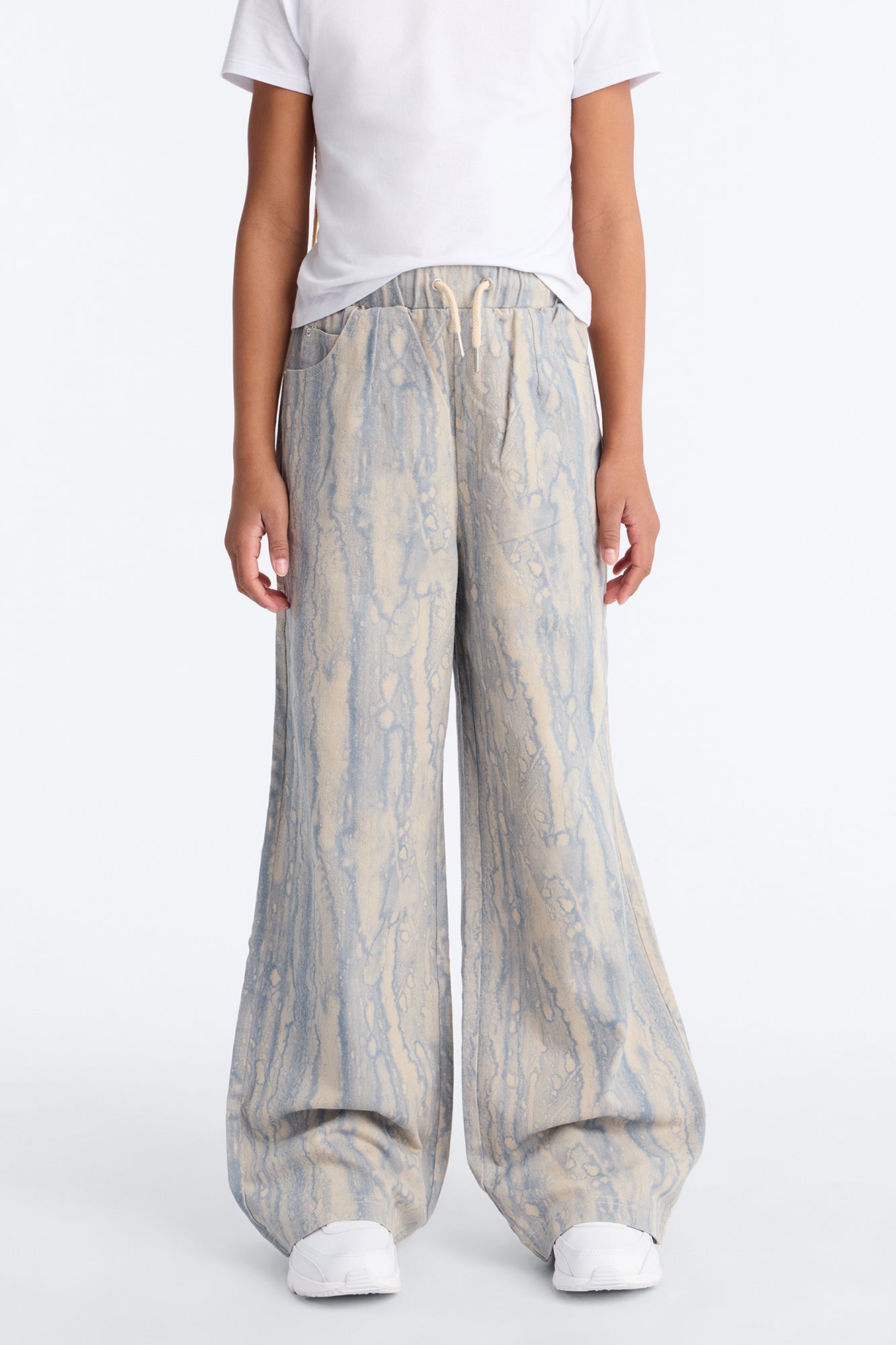 Mini Watermark Pull On Printed Wide Leg Jeans - Blue Wash