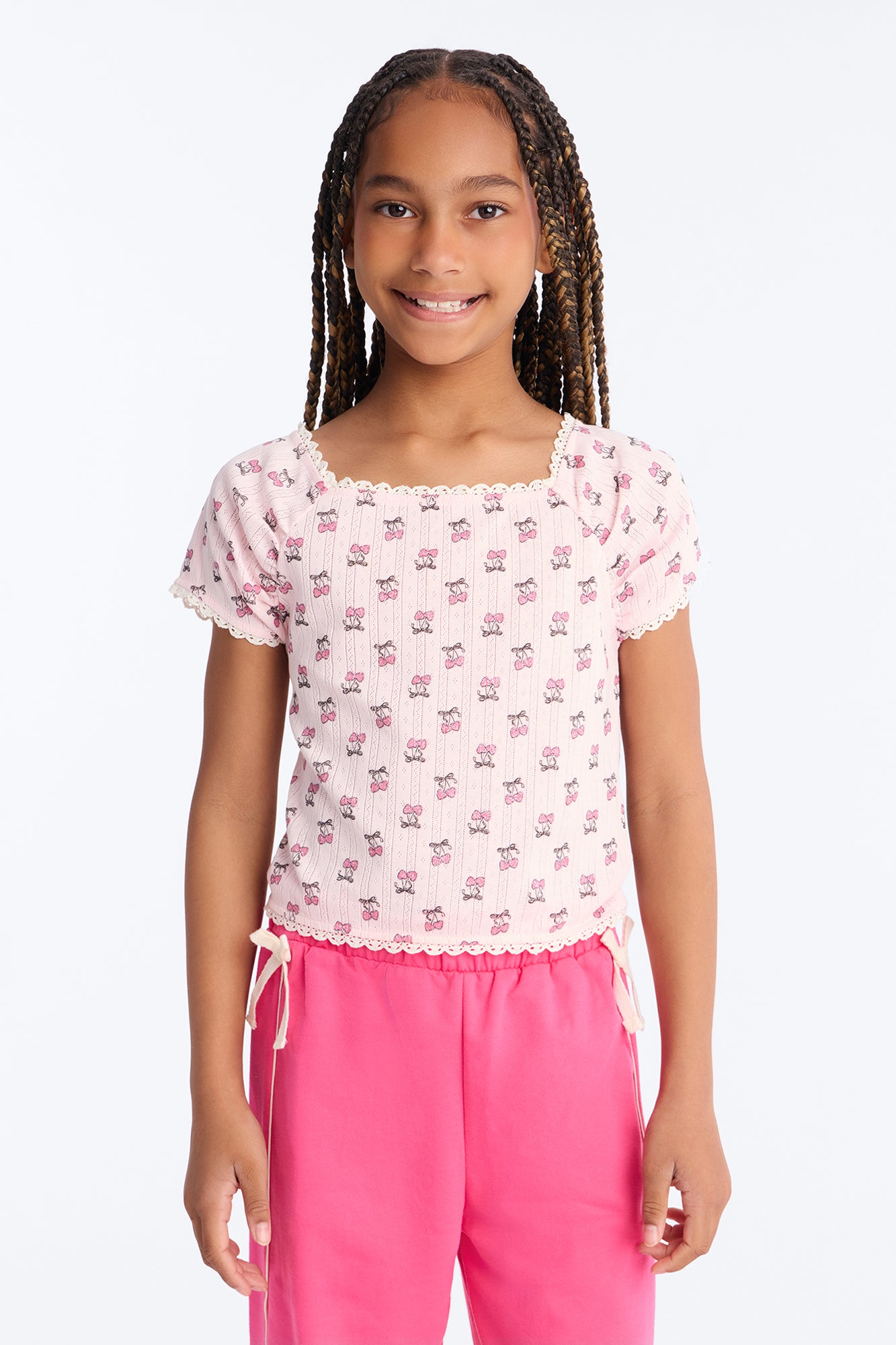 Mini Cherry Sweet Girl Wide Leg Pant Set - Pink