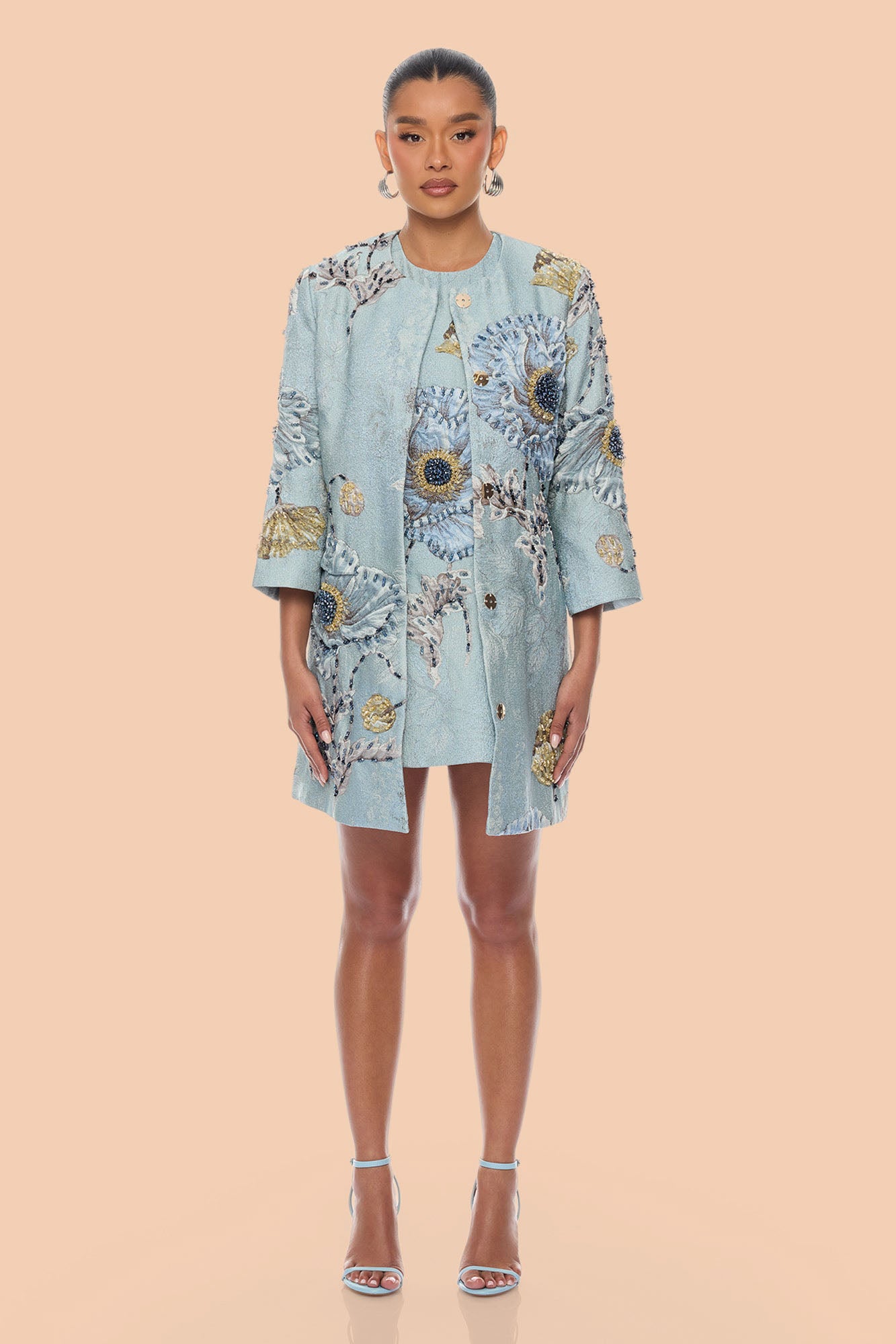 Riannon Crew Neck Embellished Jacquard Jacket - Blue