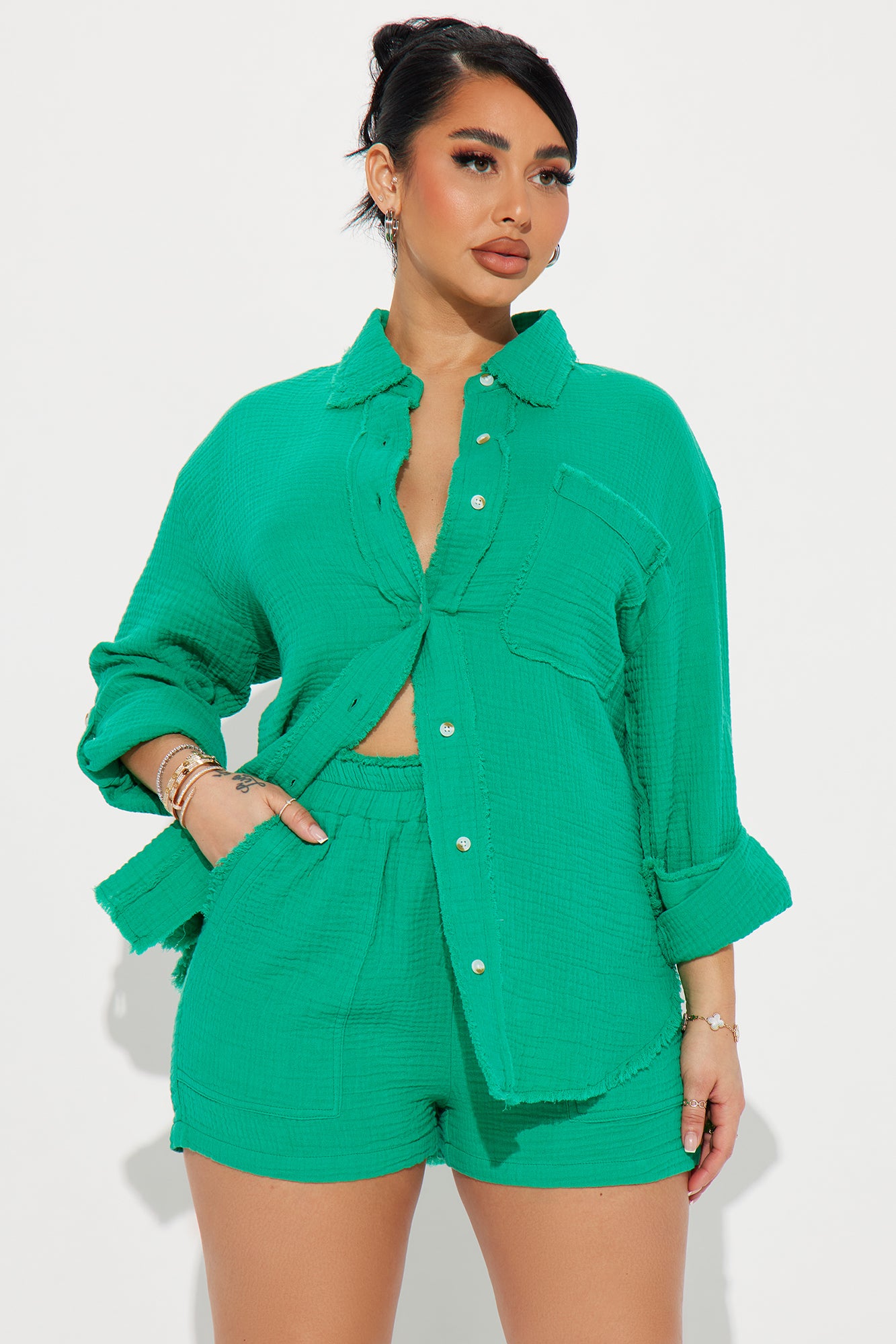 Rising Sun Gauze Short Set - Kelly Green