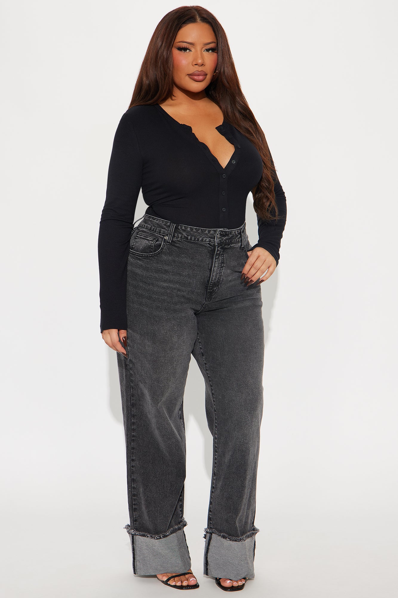 Elle Long Sleeve Henley Top - Black