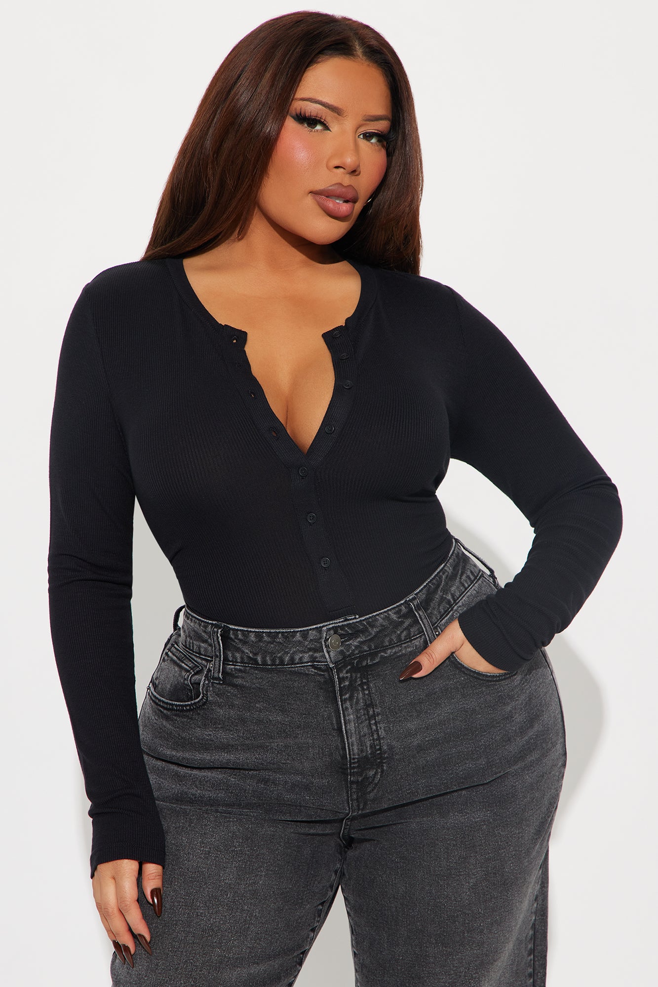 Elle Long Sleeve Henley Top - Black