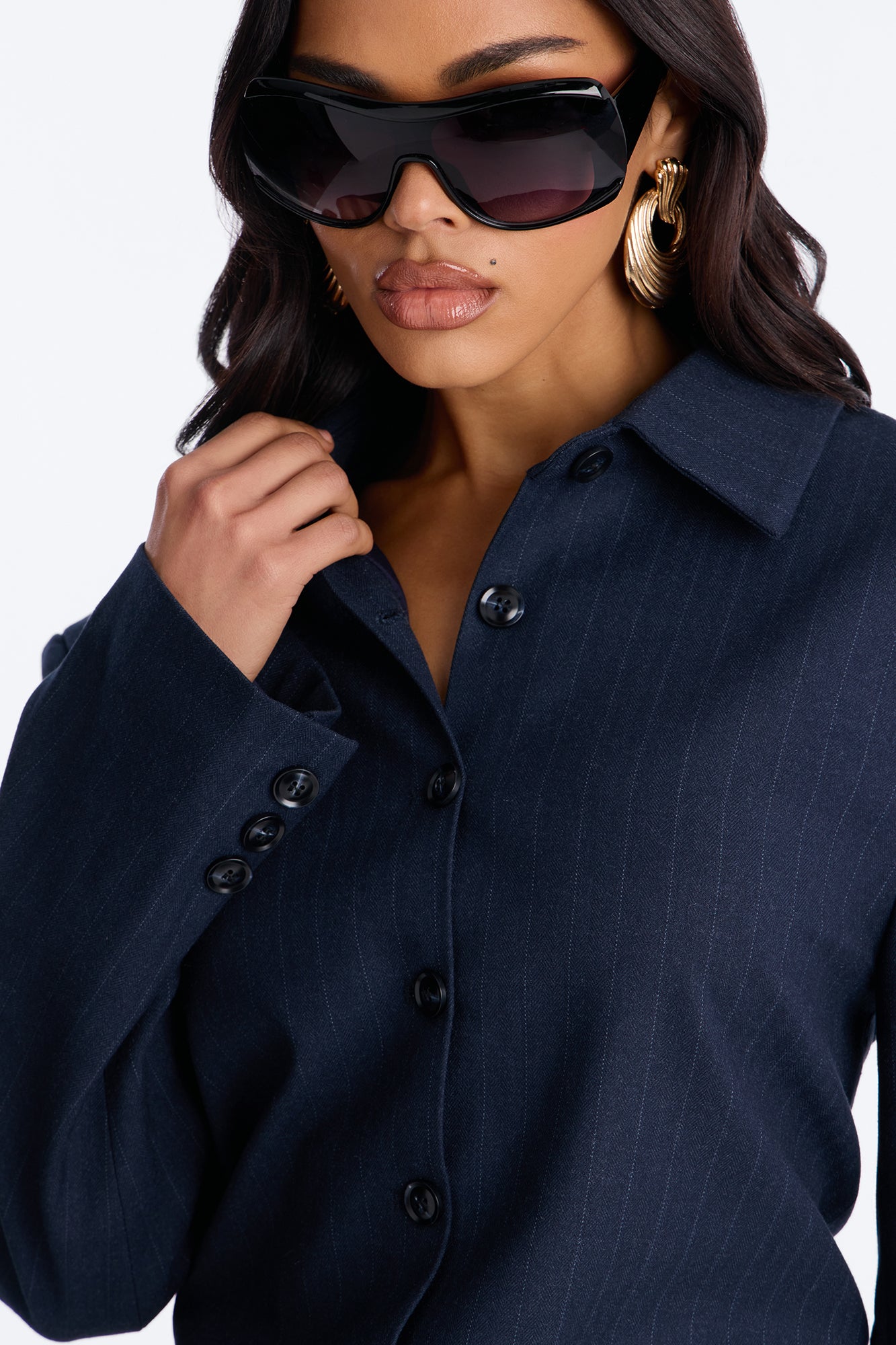 Serena Pinstripe Button Down Blazer - Navy/combo