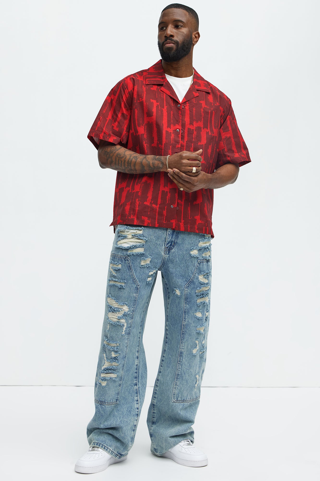 Seersucker Printed Short Sleeve Cuban Collar Shirt - Red/combo