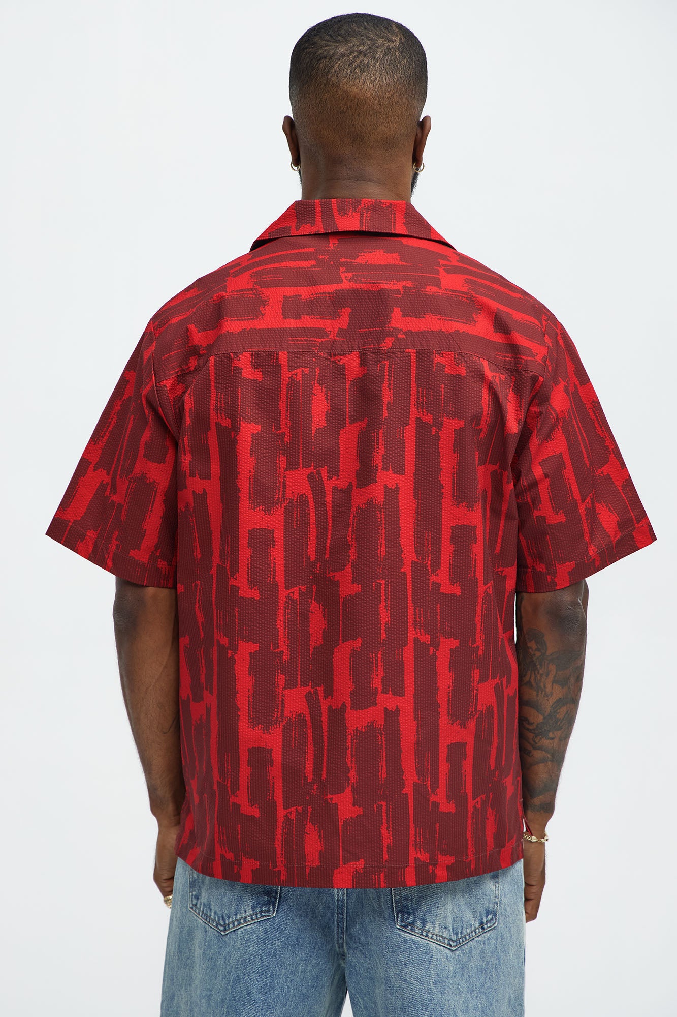Seersucker Printed Short Sleeve Cuban Collar Shirt - Red/combo