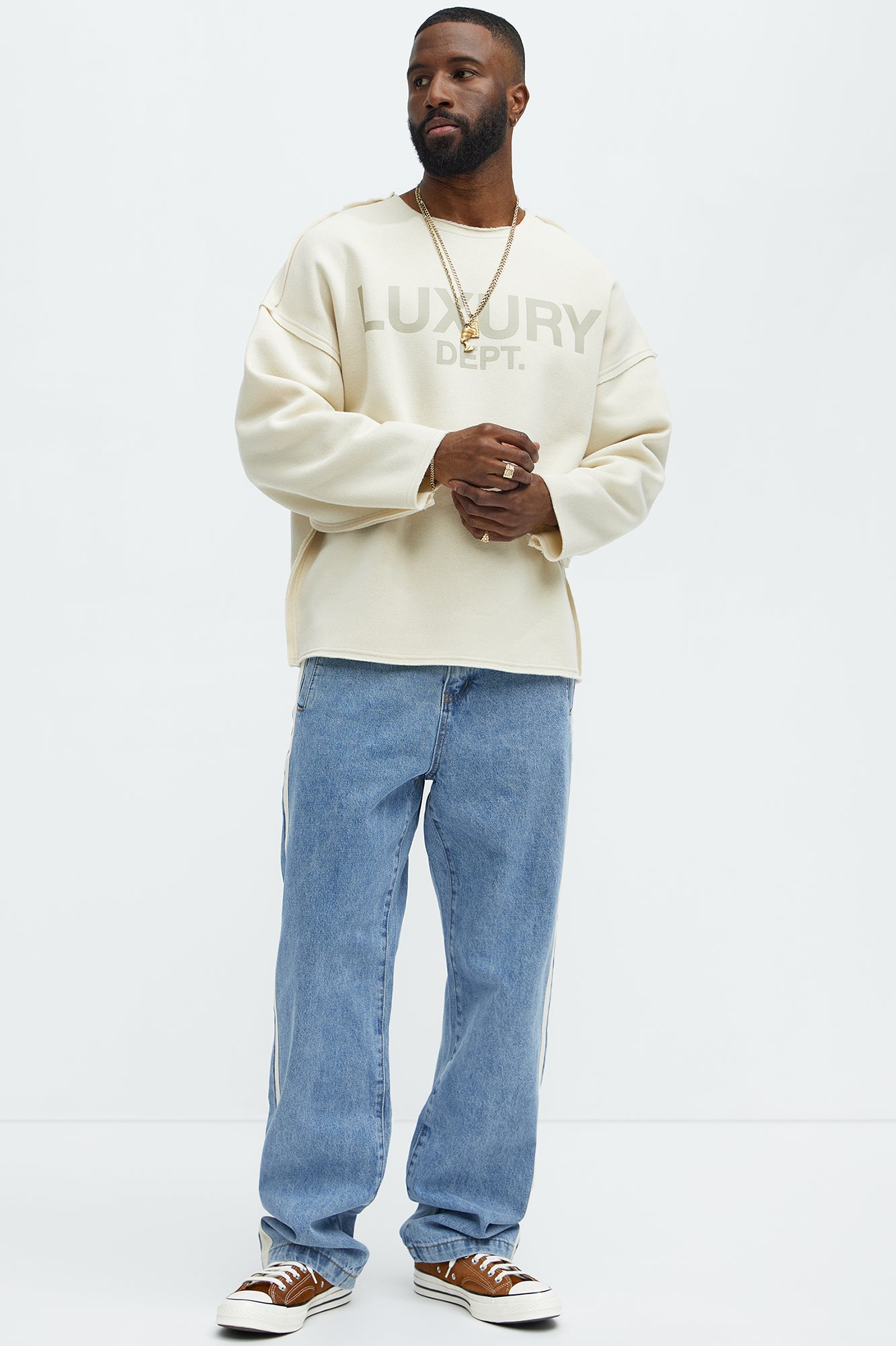 Tayson Luxury Dept Frayed Oversized Sweatshirt - Cream