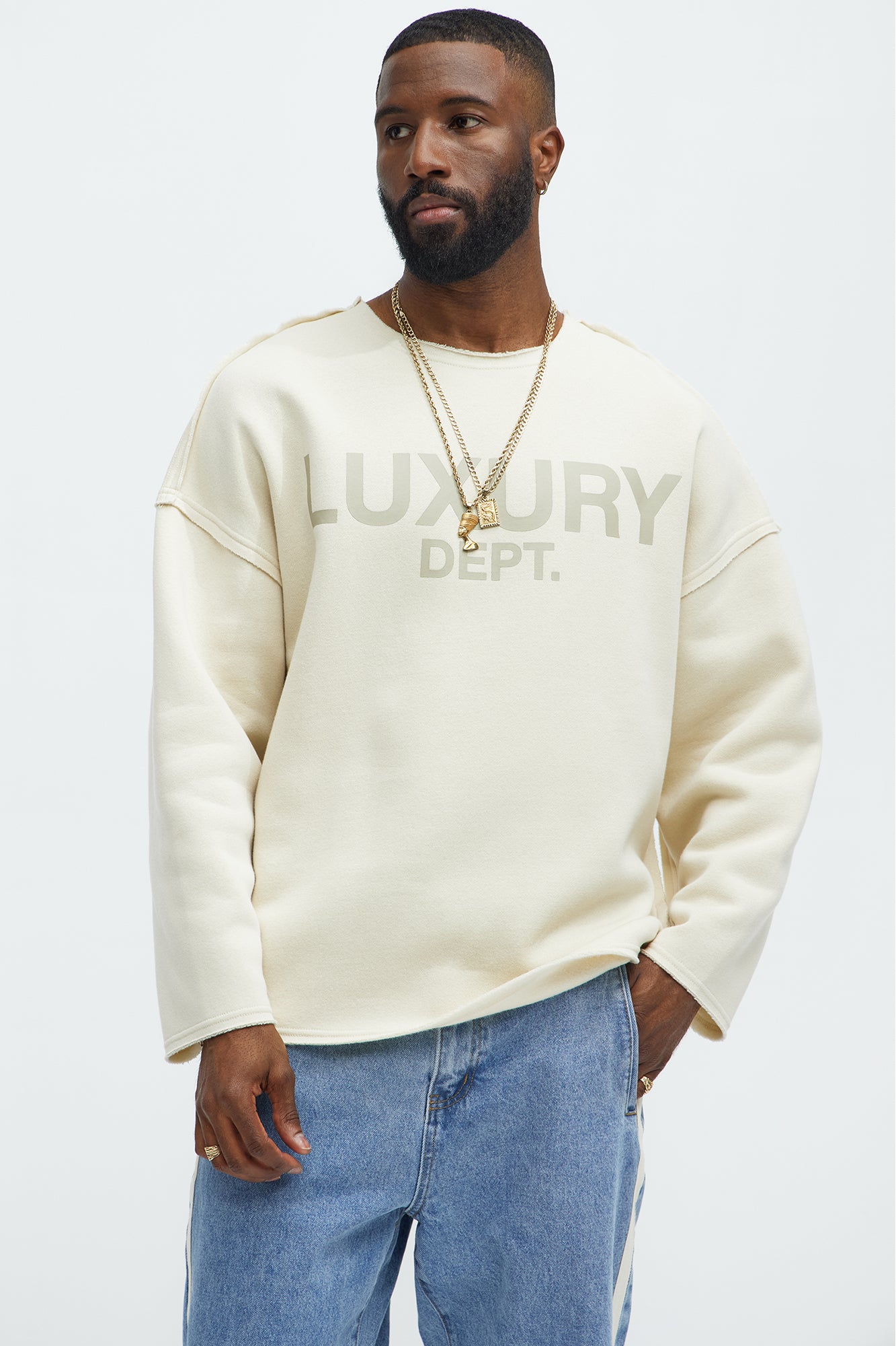 Tayson Luxury Dept Frayed Oversized Sweatshirt - Cream