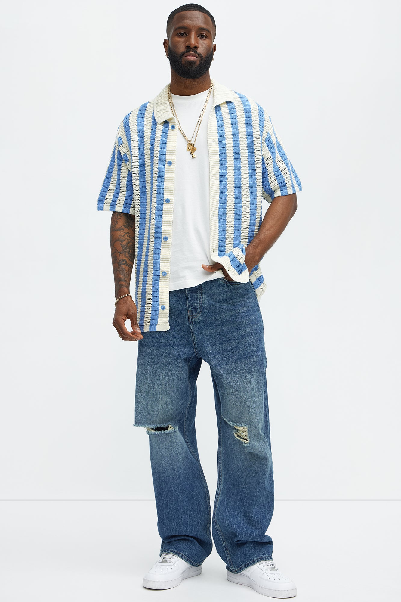 Clark Striped Knit Button Up Shirt - Blue/combo