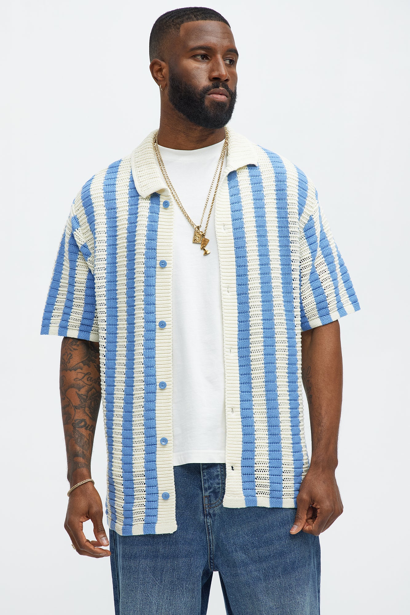 Clark Striped Knit Button Up Shirt - Blue/combo