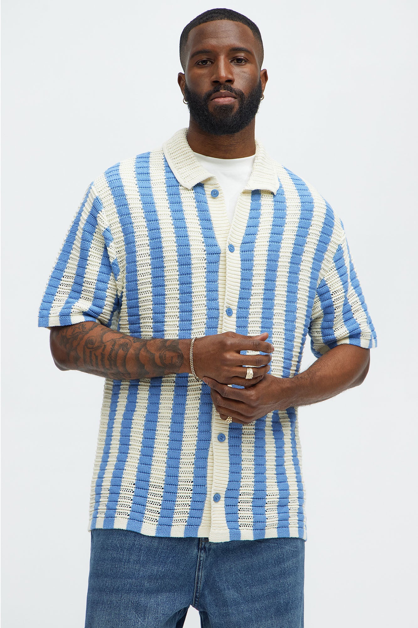 Clark Striped Knit Button Up Shirt - Blue/combo
