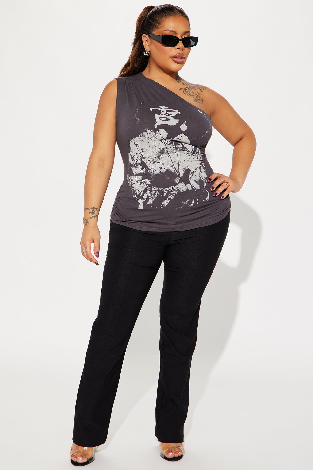 Confident Woman One Shoulder Top - Charcoal