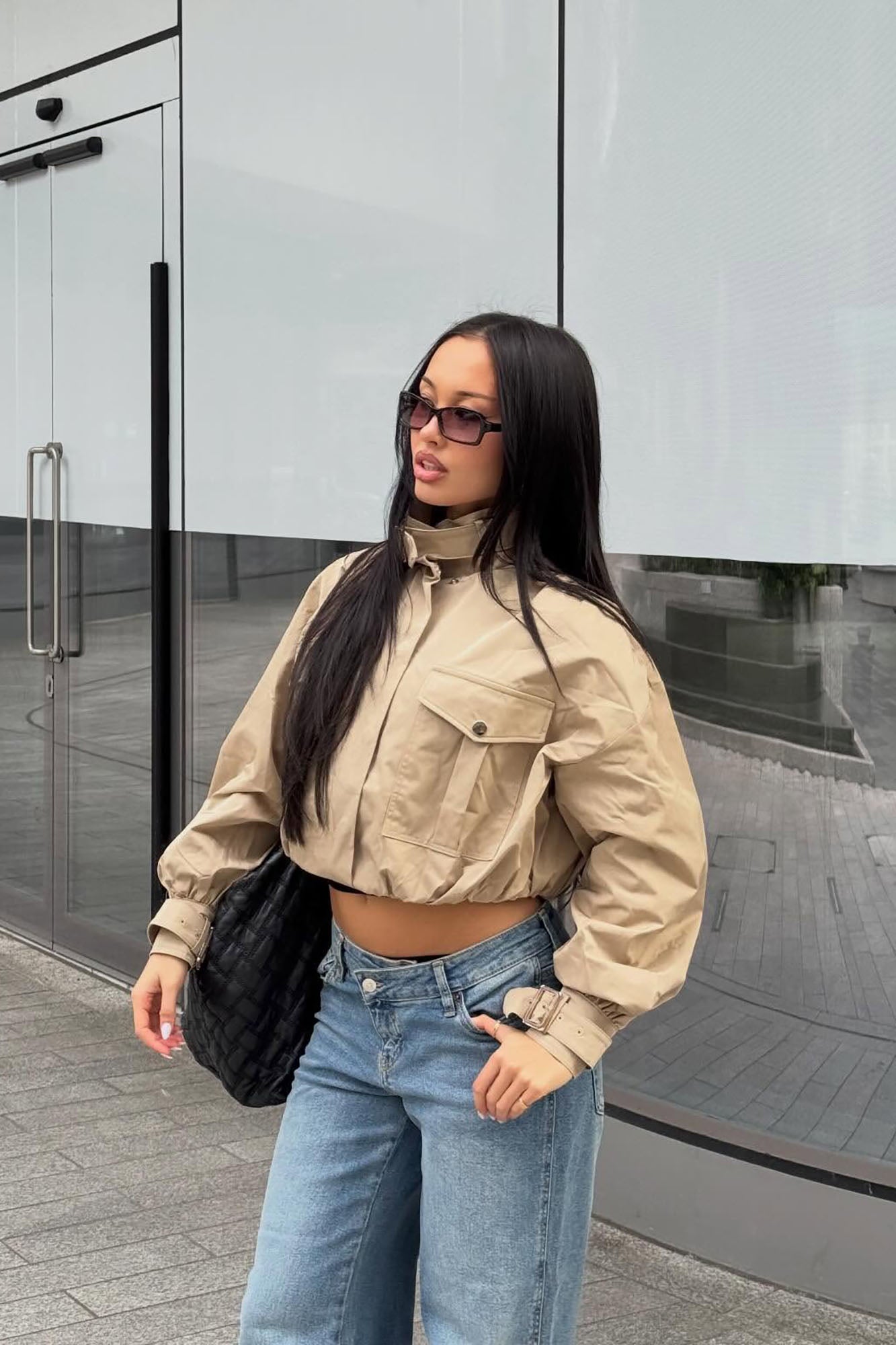 Gracelle Lightweight Twill Funnel Neck Bomber Jacket - Khaki