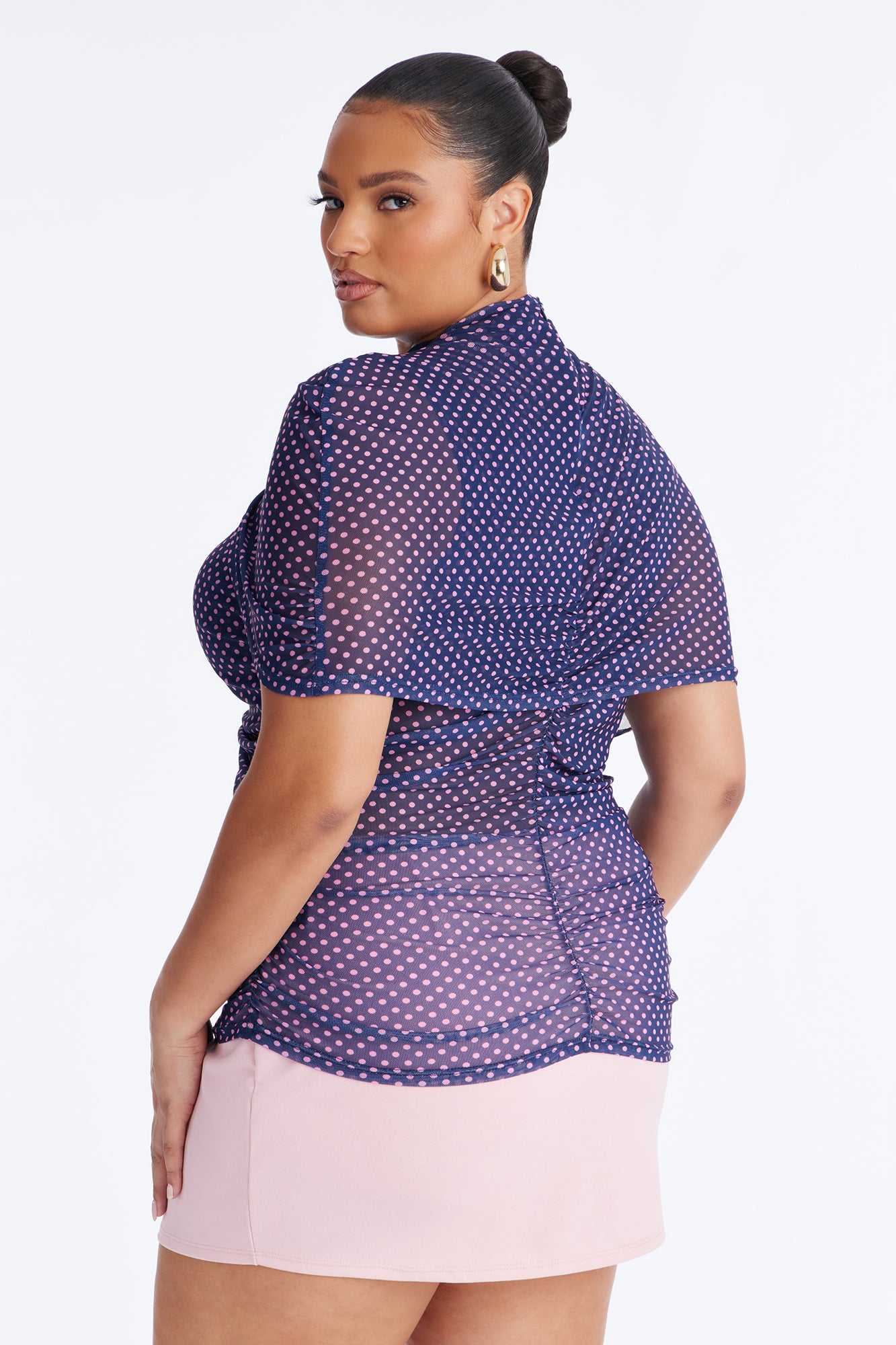 Kendall Mesh Polka Dot Mock Neck Short Sleeve Top - Navy/combo