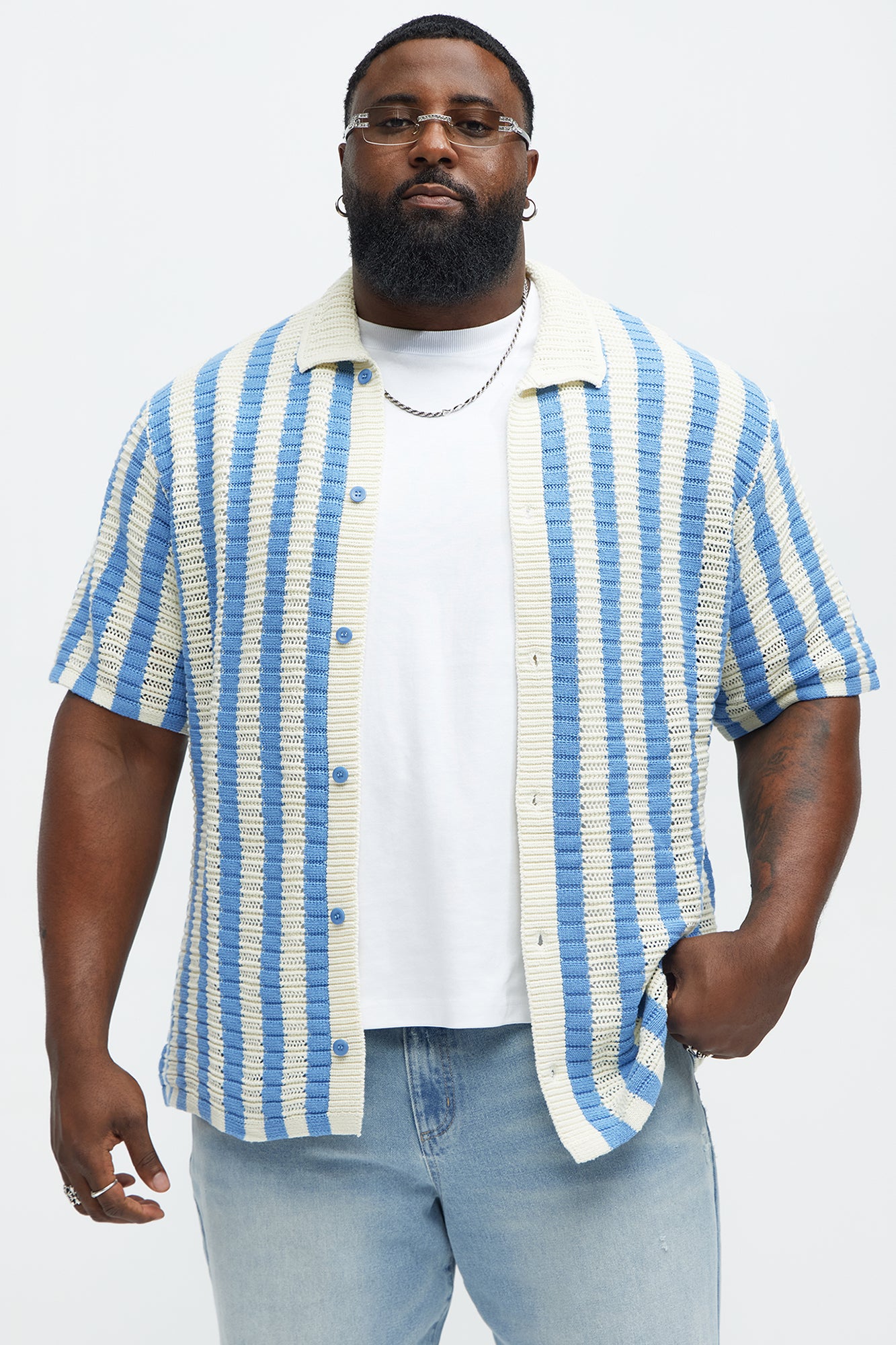 Clark Striped Knit Button Up Shirt - Blue/combo