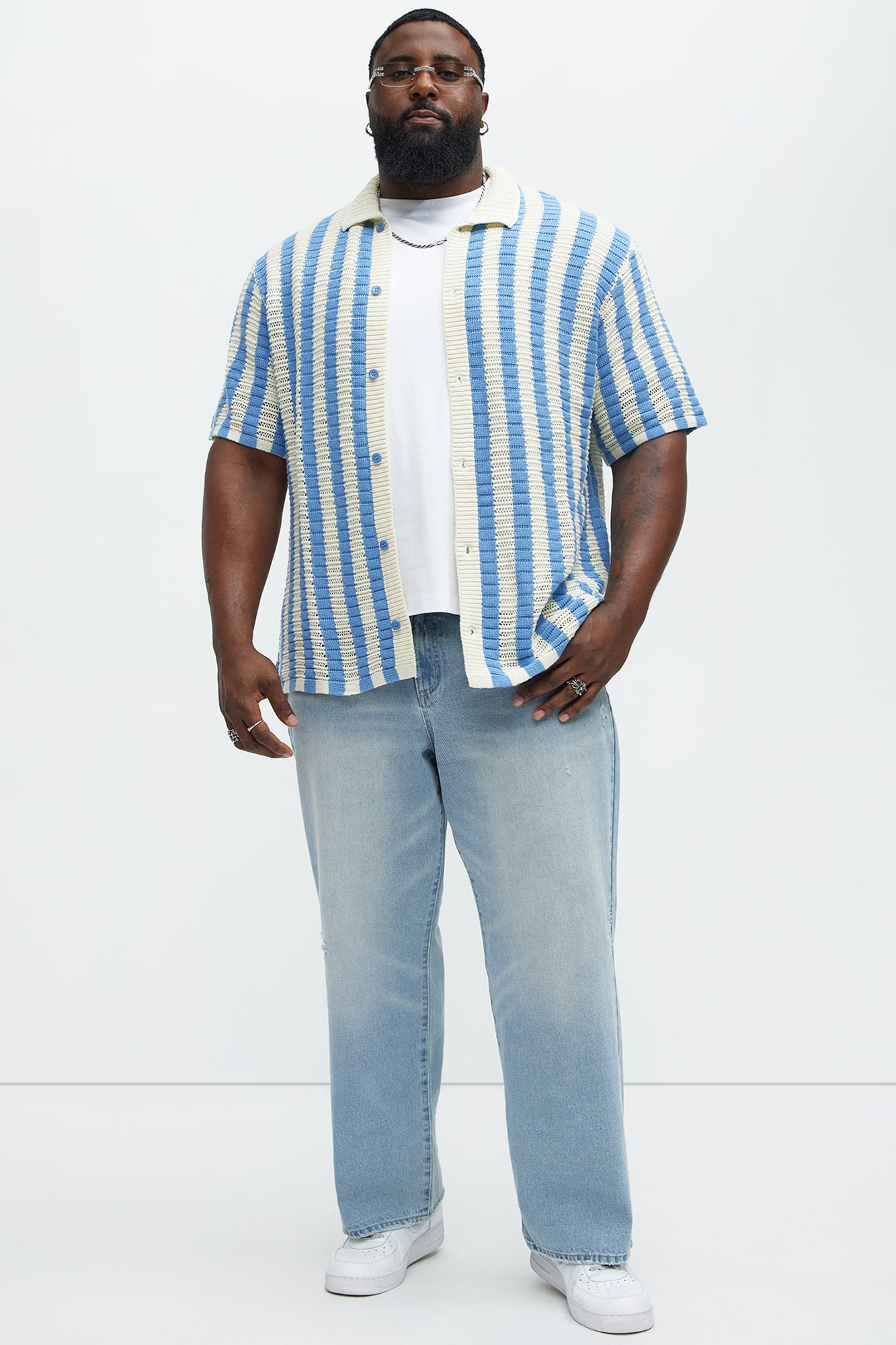 Clark Striped Knit Button Up Shirt - Blue/combo