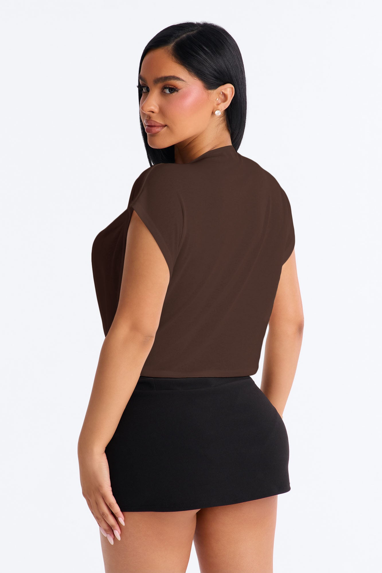Casey Deep V-Neck Short Sleeve Top - Chocolate