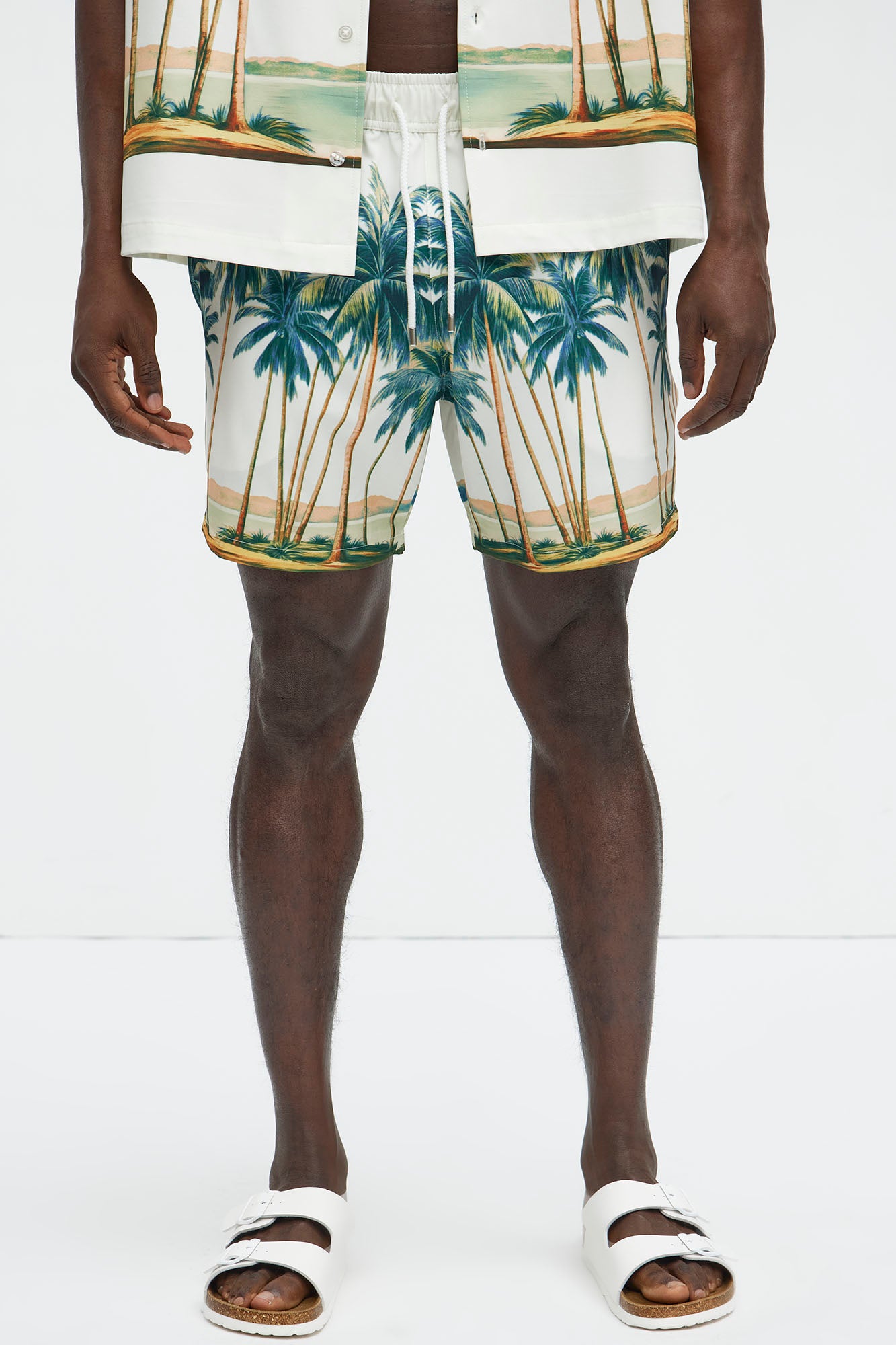 Moulay Palm Printed Swim Mid Trunk - Cream/combo