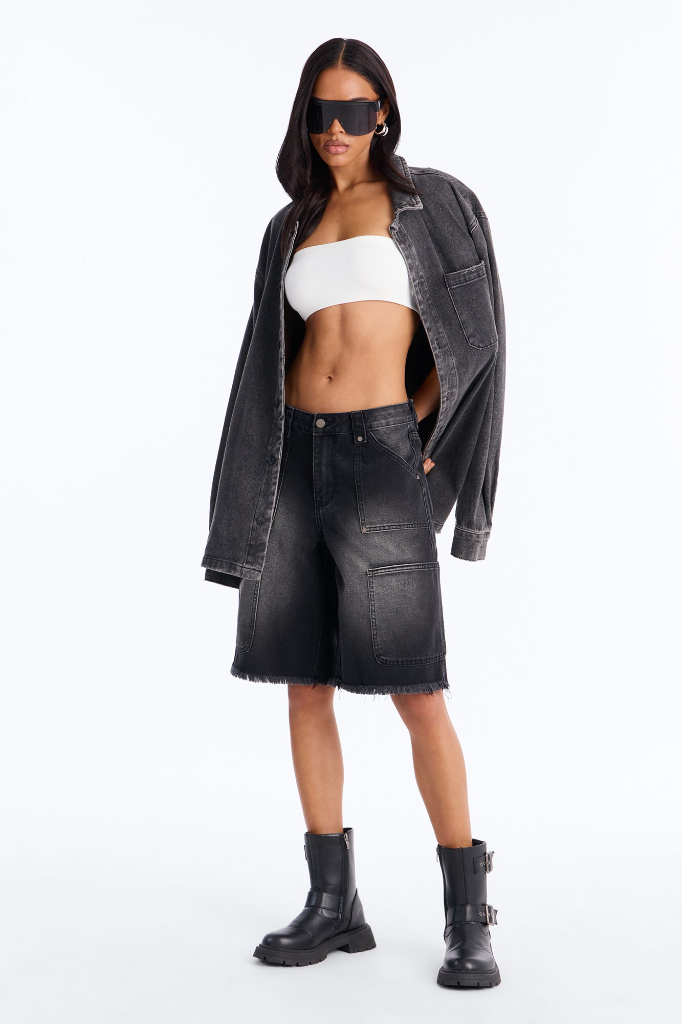 Out Of Your Way Utility Denim Jorts - Black Wash