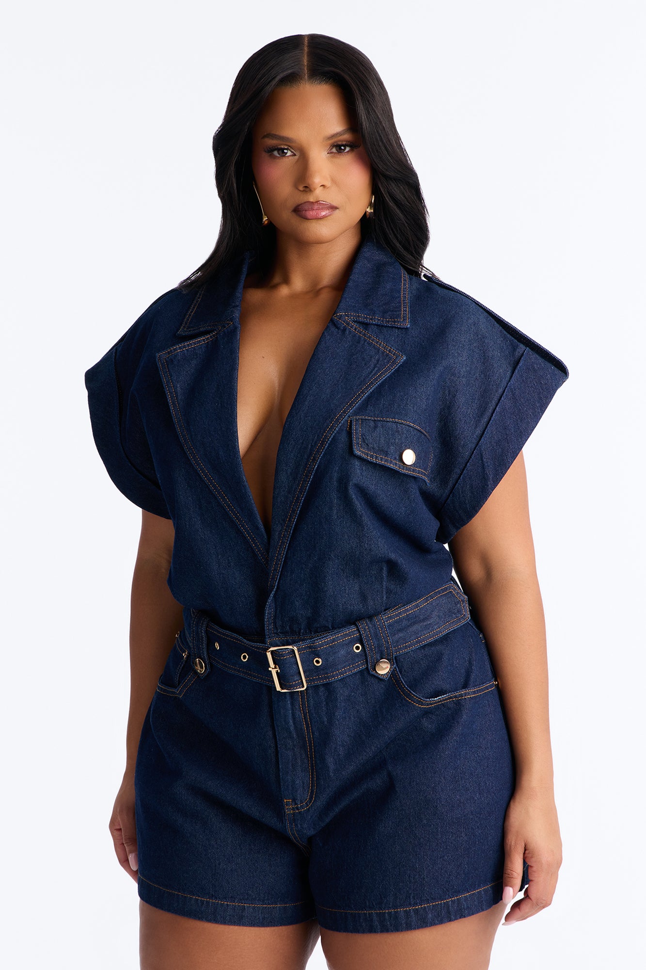 Isla Belted Denim Romper - Dark Wash