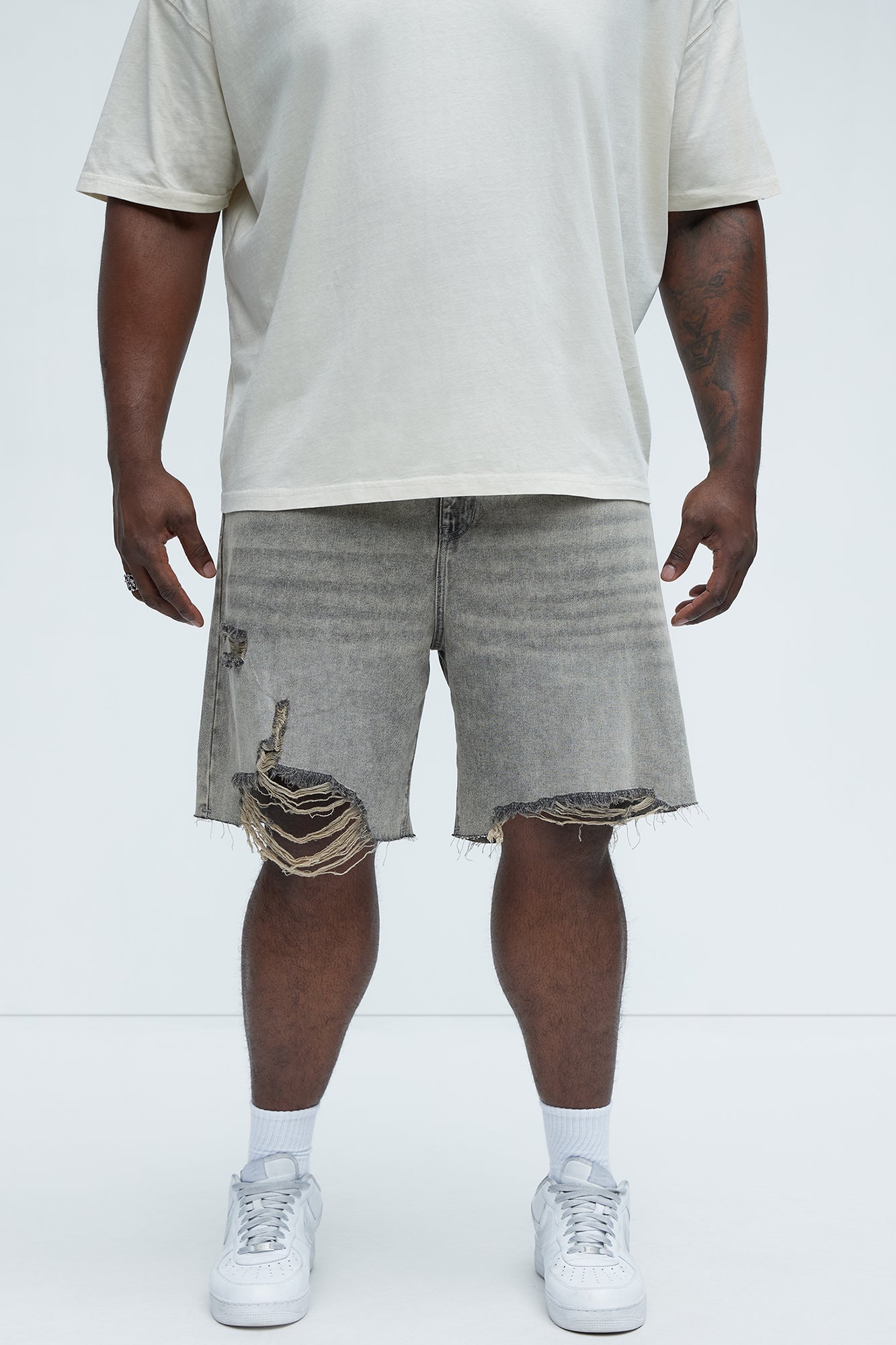 Relaxed Raw Hem Distressed Denim Shorts - Grey/Smoke