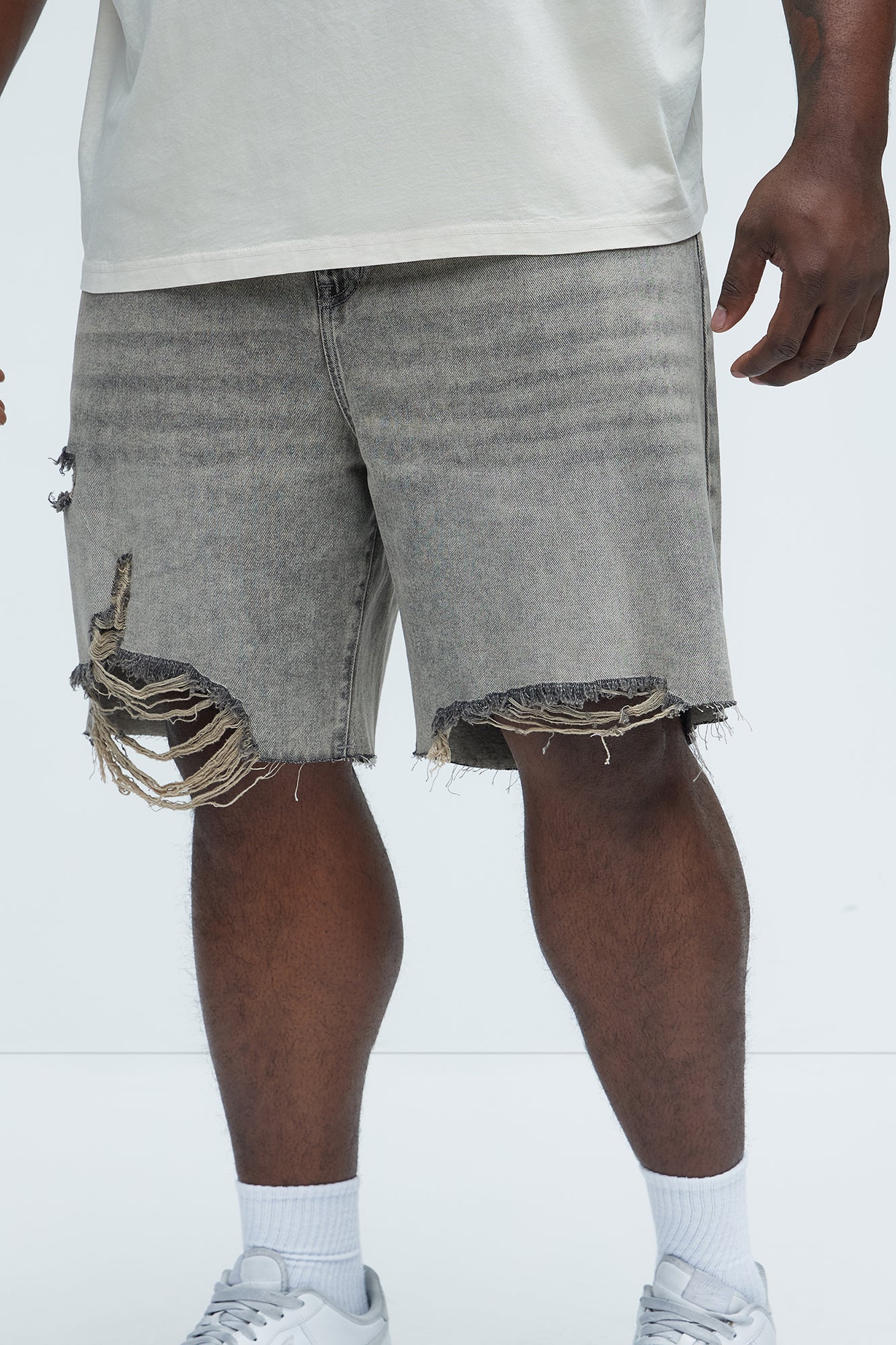 Relaxed Raw Hem Distressed Denim Shorts - Grey/Smoke