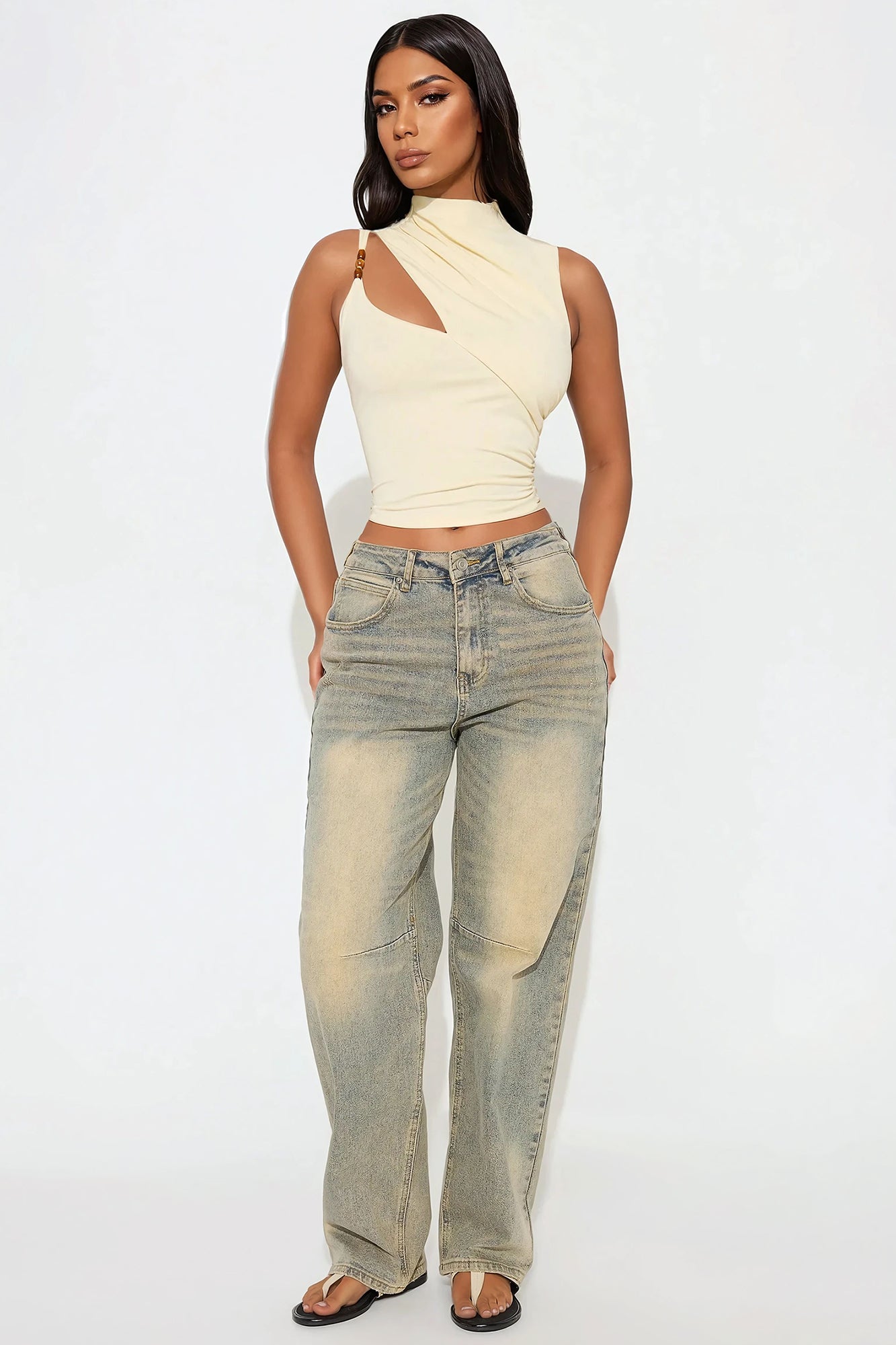 Ilona Mock Neck Cut Out Top - Cream