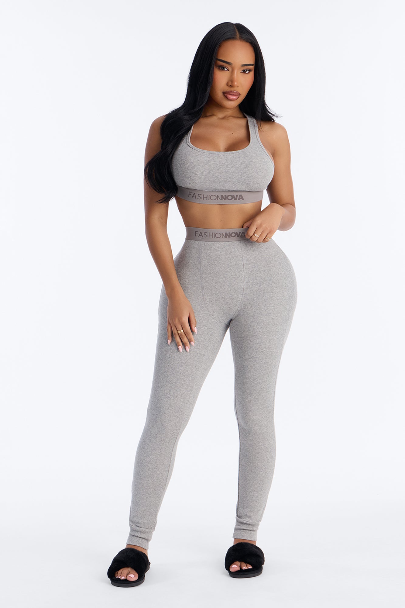 FN Mood Racerback Bra And Legging 2 Piece Ribbed Cotton Set - Heather Grey
