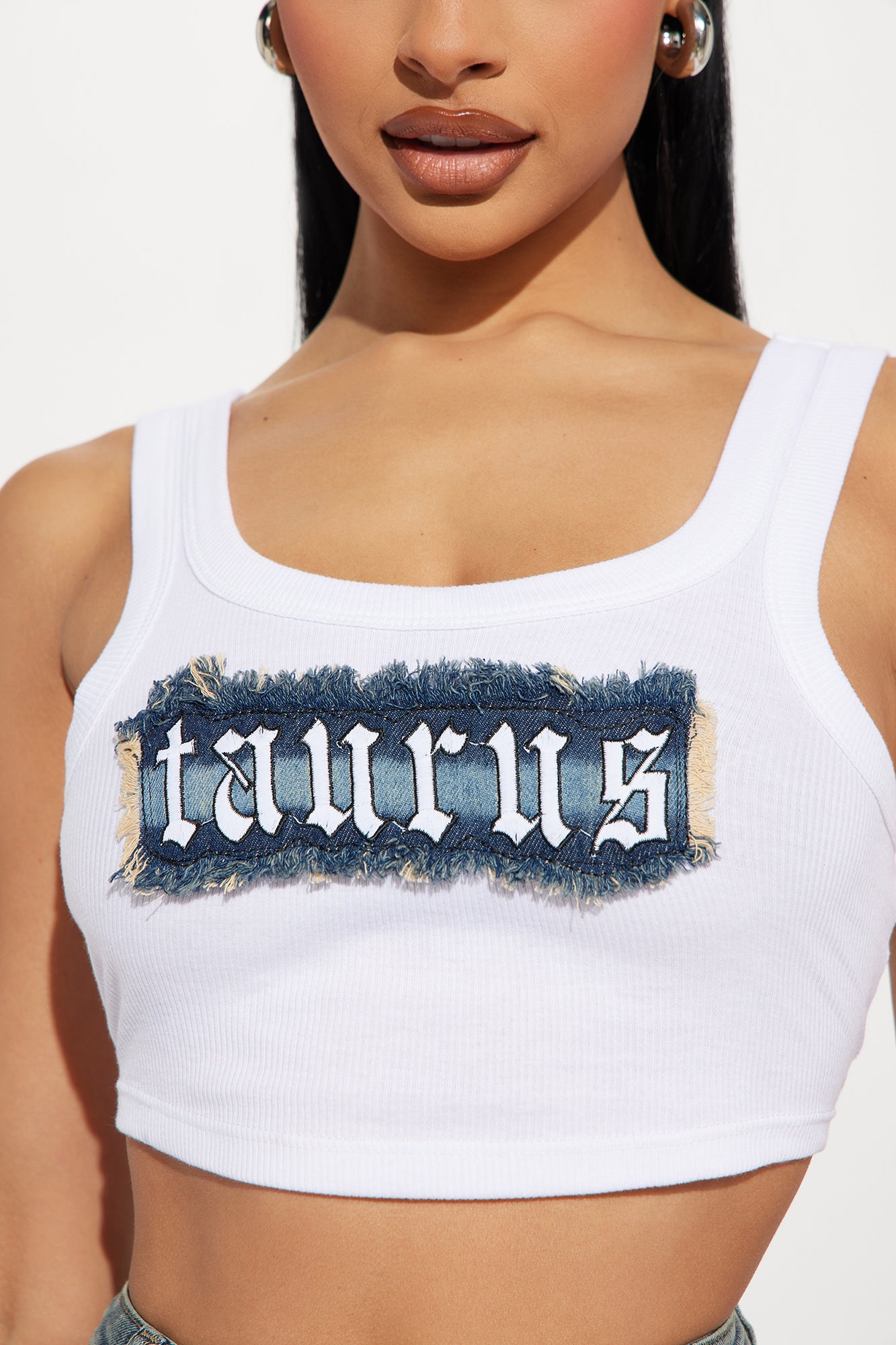 Taurus Energy Denim Patch Tank Top - White