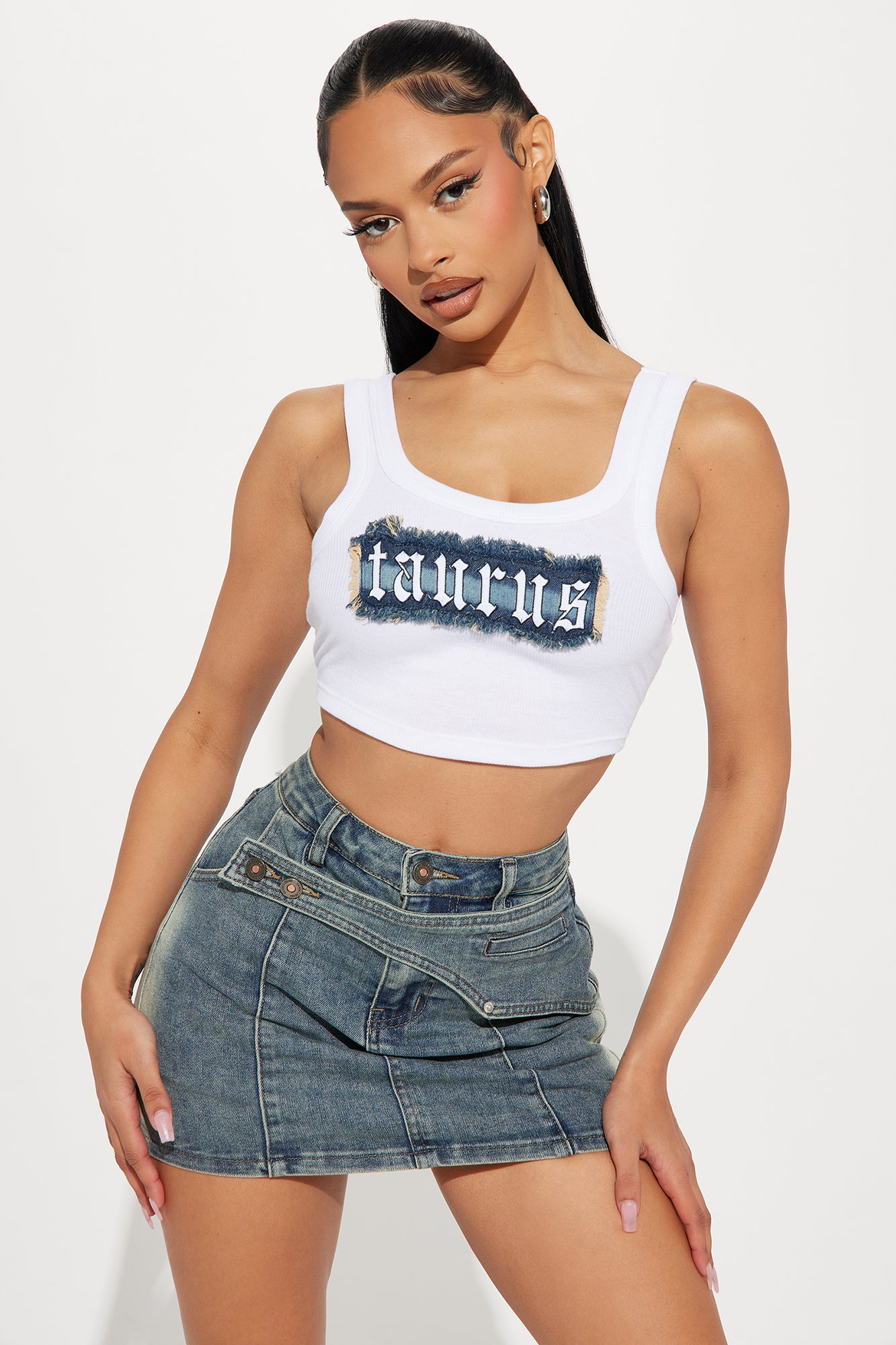 Taurus Energy Denim Patch Tank Top - White