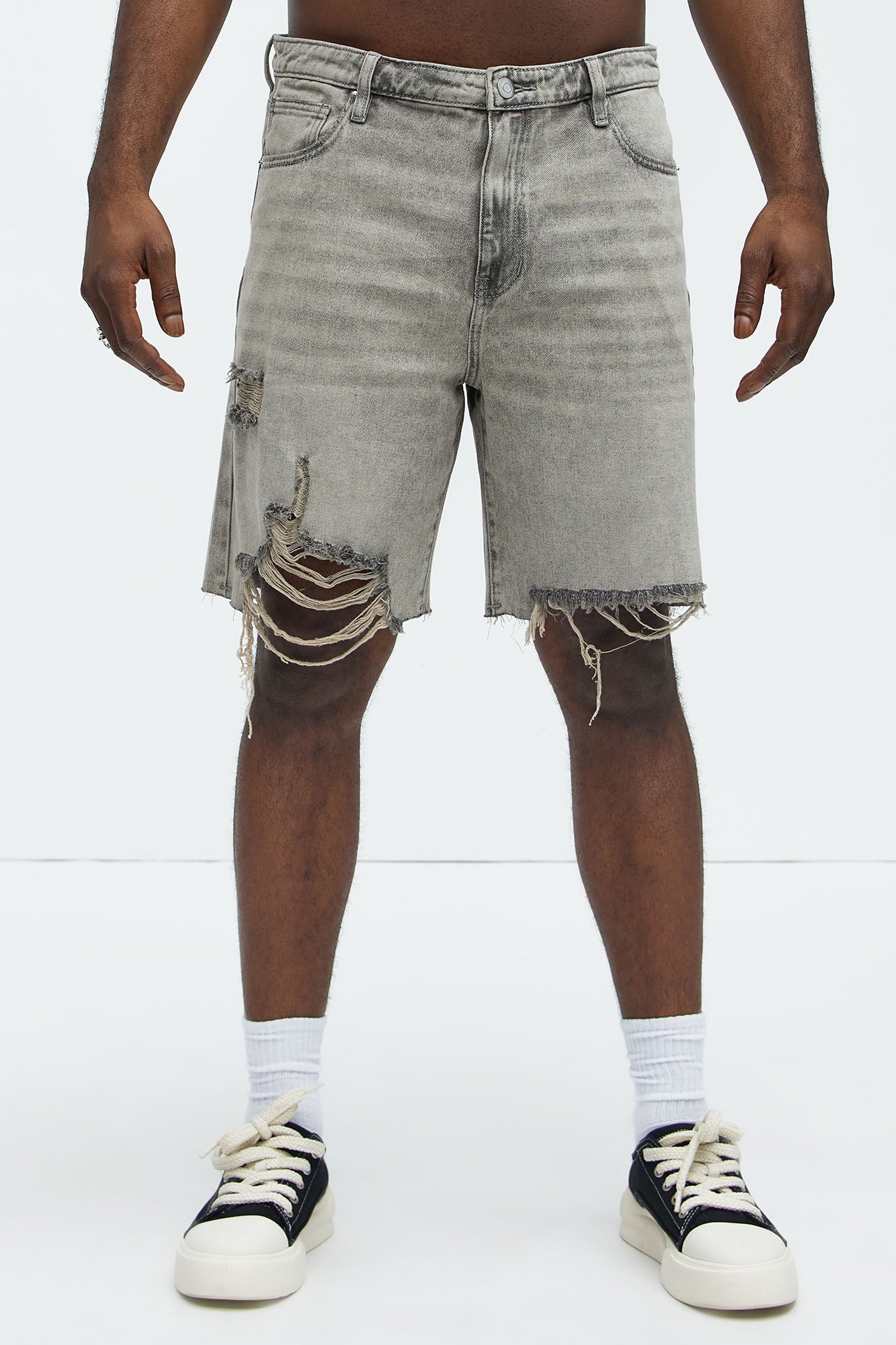 Relaxed Raw Hem Distressed Denim Shorts - Grey/Smoke