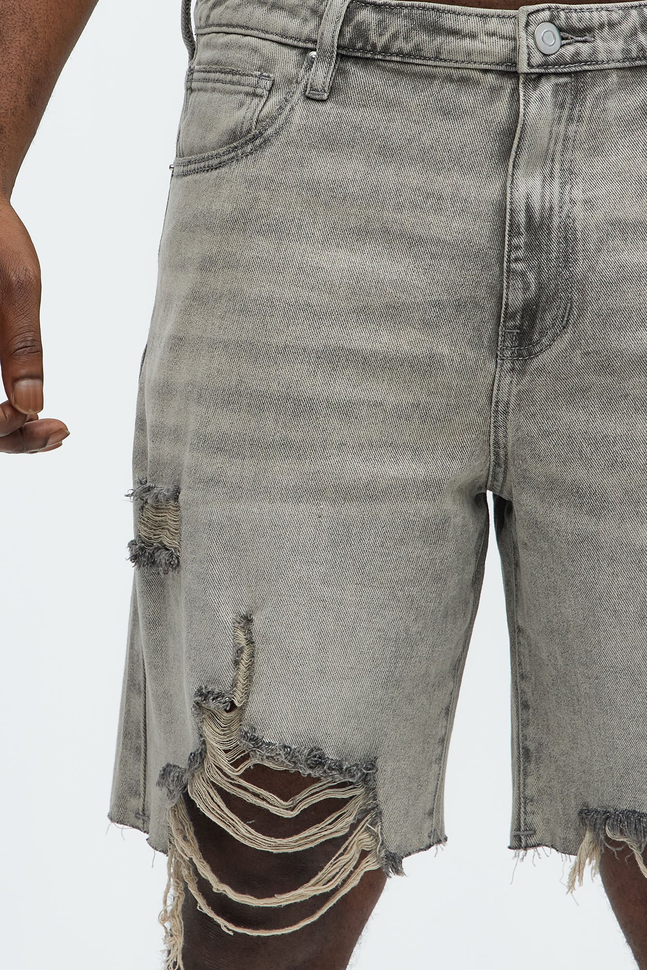 Relaxed Raw Hem Distressed Denim Shorts - Grey/Smoke