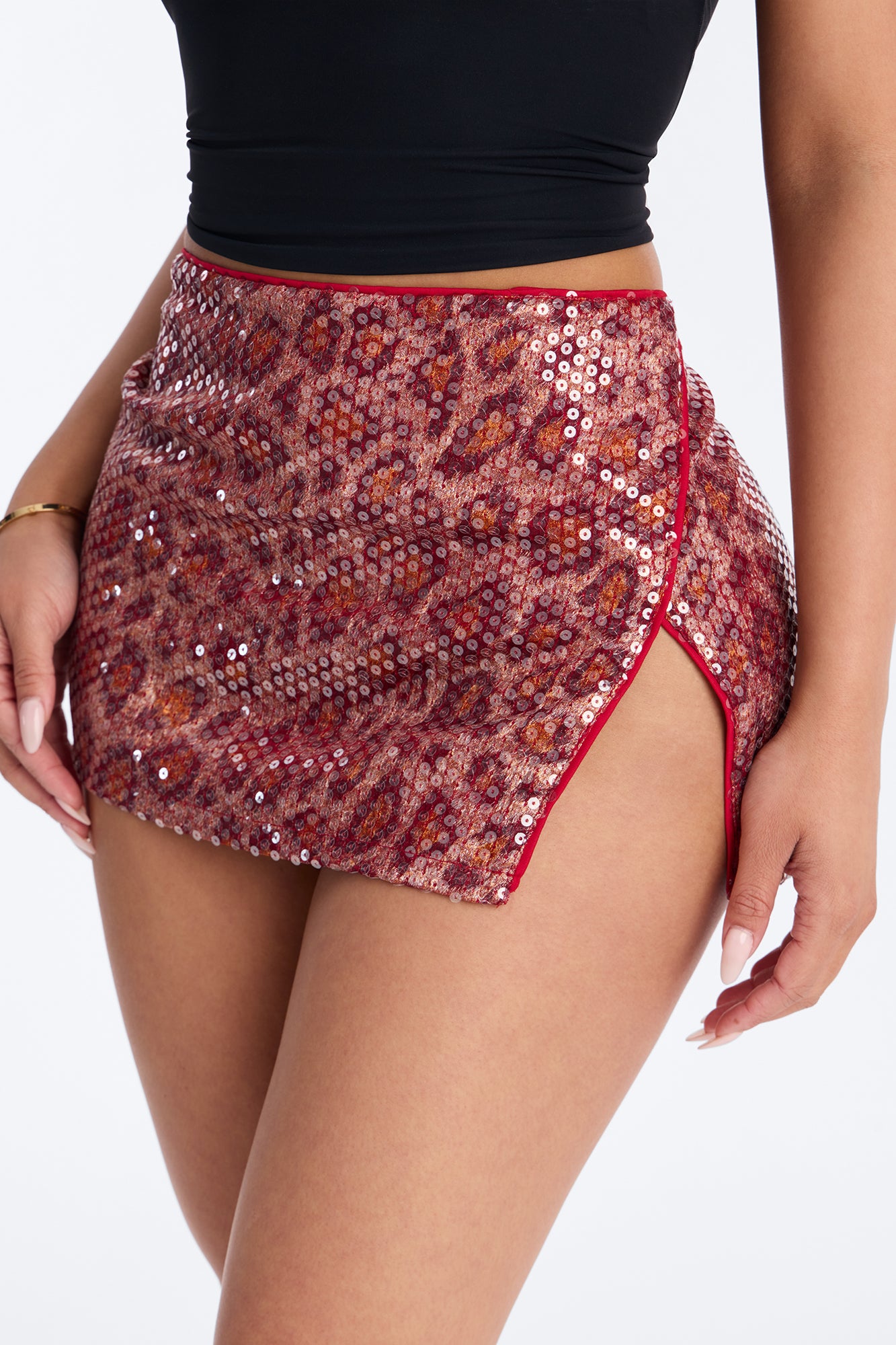 Anaya Sequin Leopard Micro Mini Skirt - Red/combo