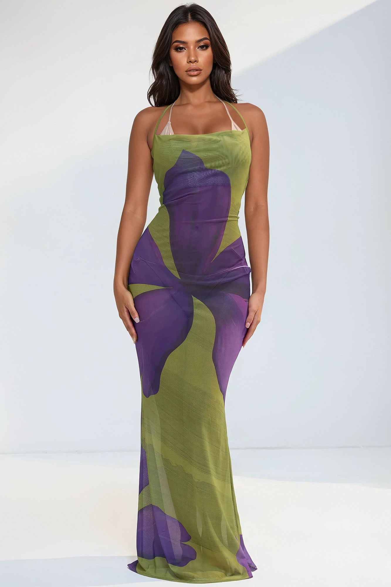 Hawaiian Sun Flower Mesh Cover Up Maxi Dress - Green/combo