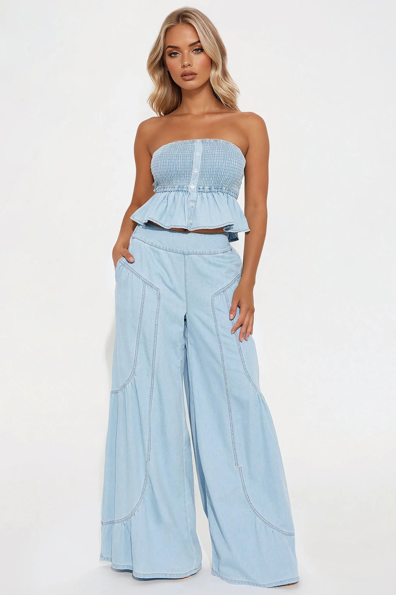 City Brunch Vibes Pant Set - Light Wash