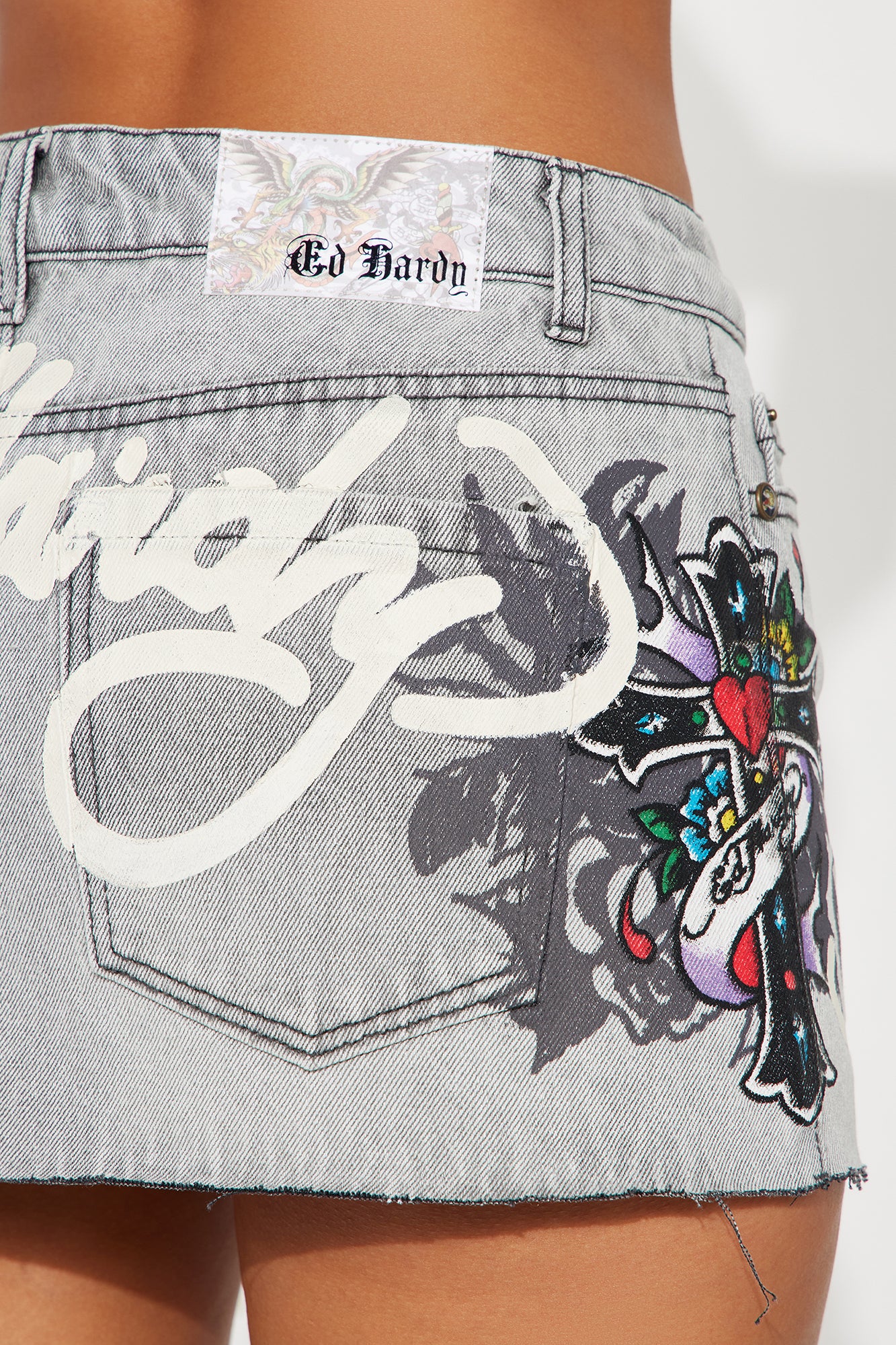 Ed Hardy Cross Denim Mini Skirt - Grey Mineral Wash