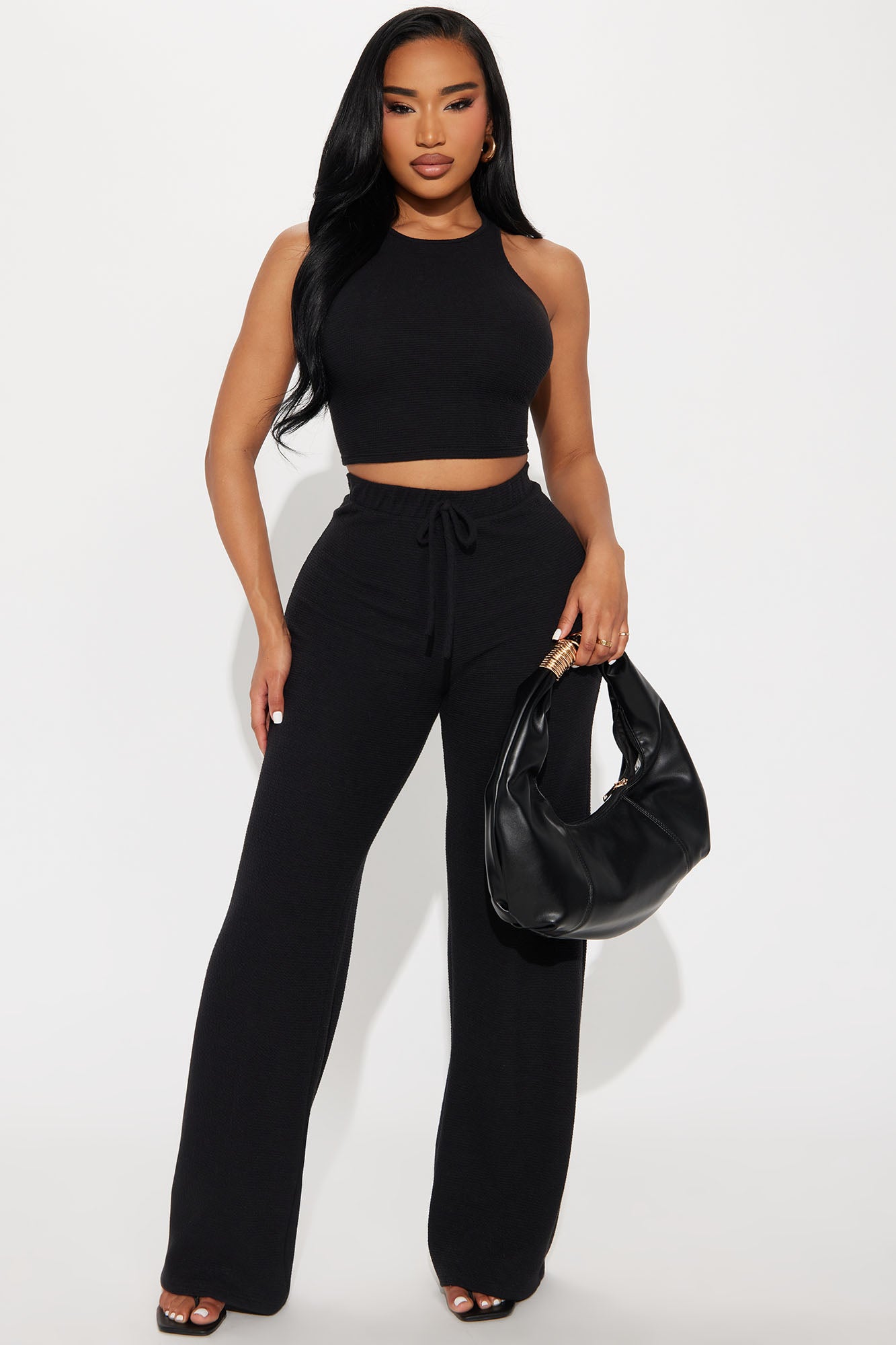 Alana Textured Wide Leg Pant Set - Black