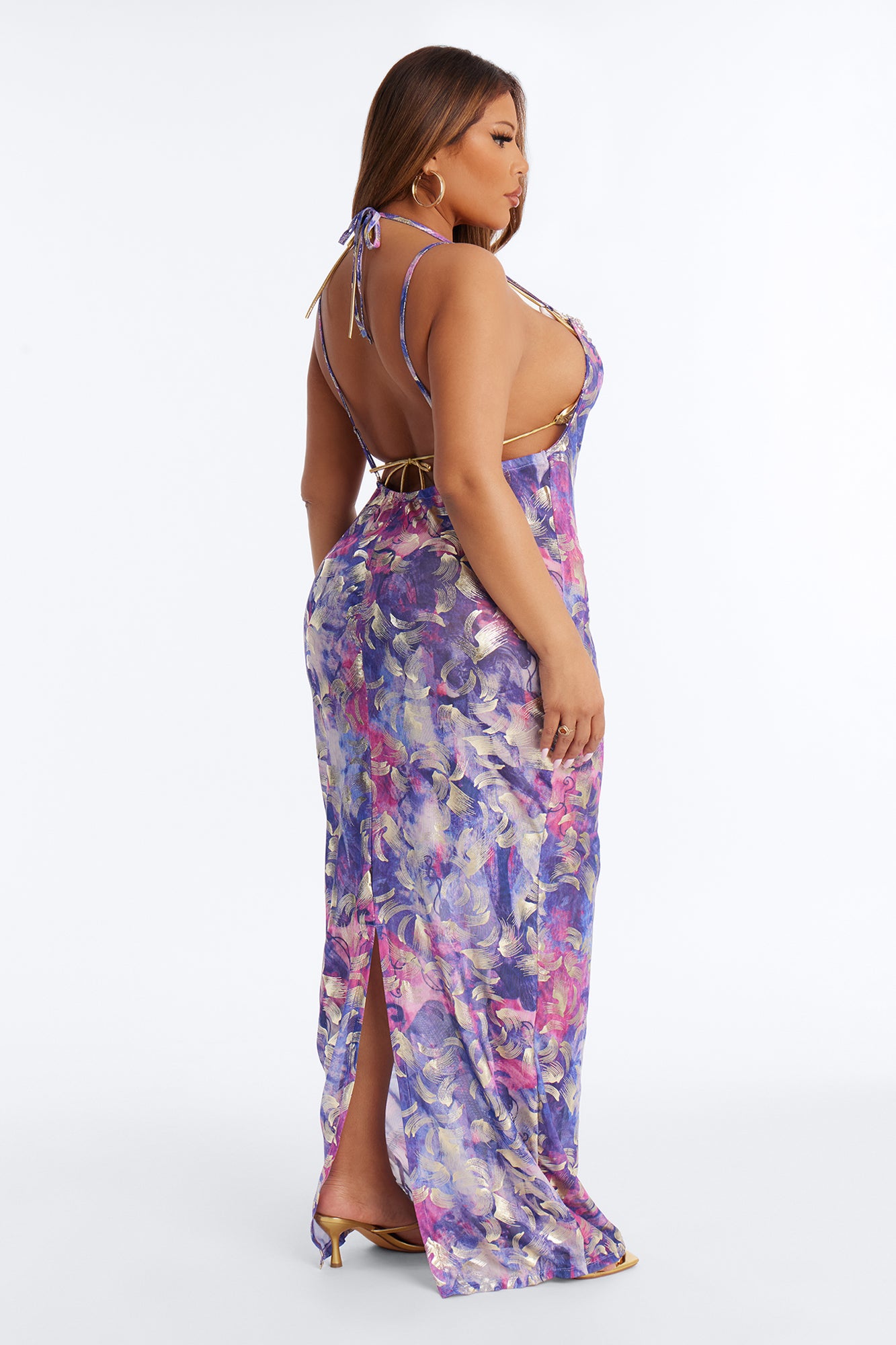 Island Goddess Gemstones Beaded Chains Mesh Cover Up Maxi Dress - Purple/combo