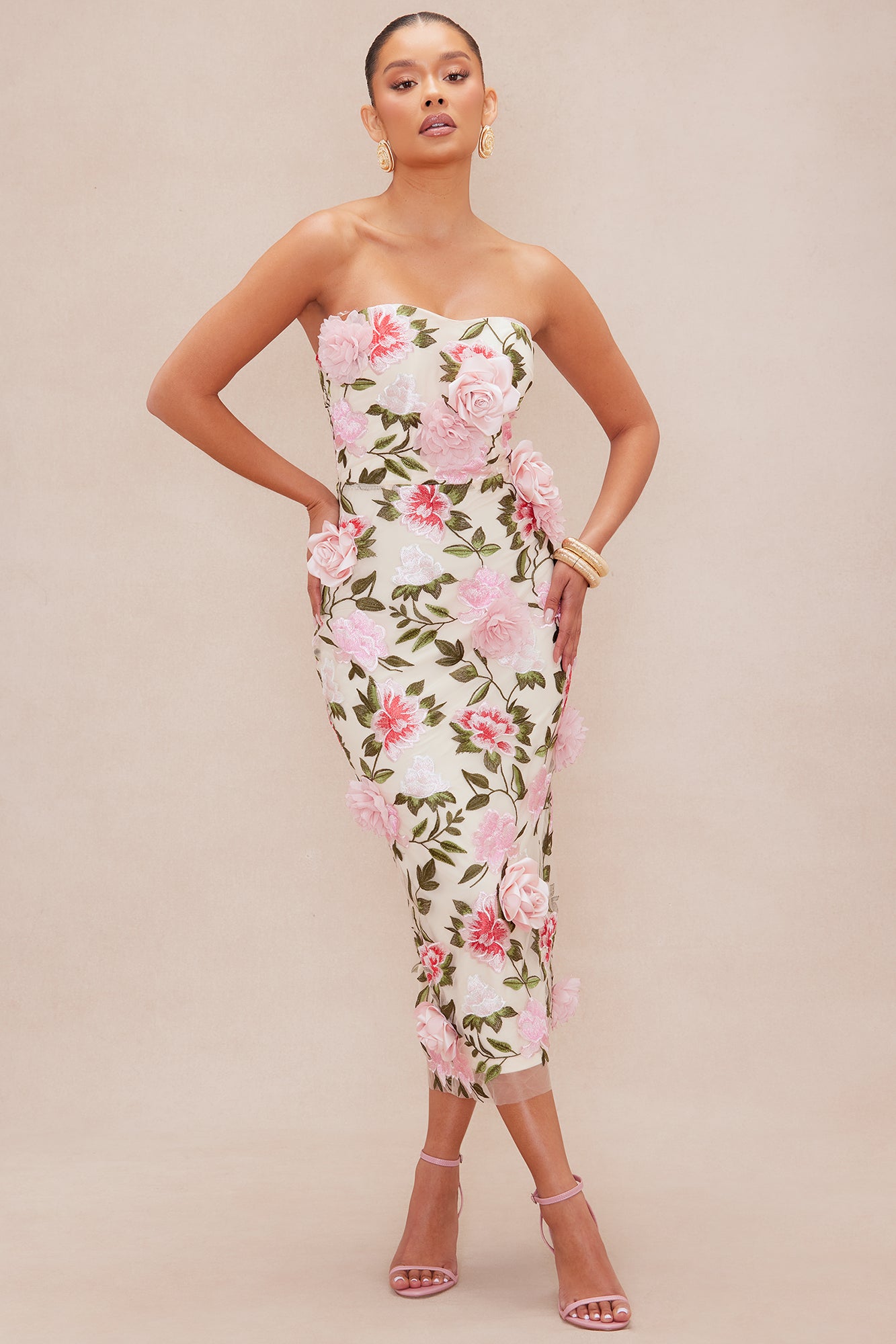 Mary Embroidered Midi Dress - Pink/combo