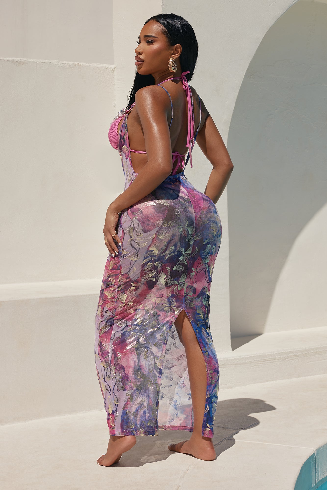 Island Goddess Gemstones Beaded Chains Mesh Cover Up Maxi Dress - Purple/combo